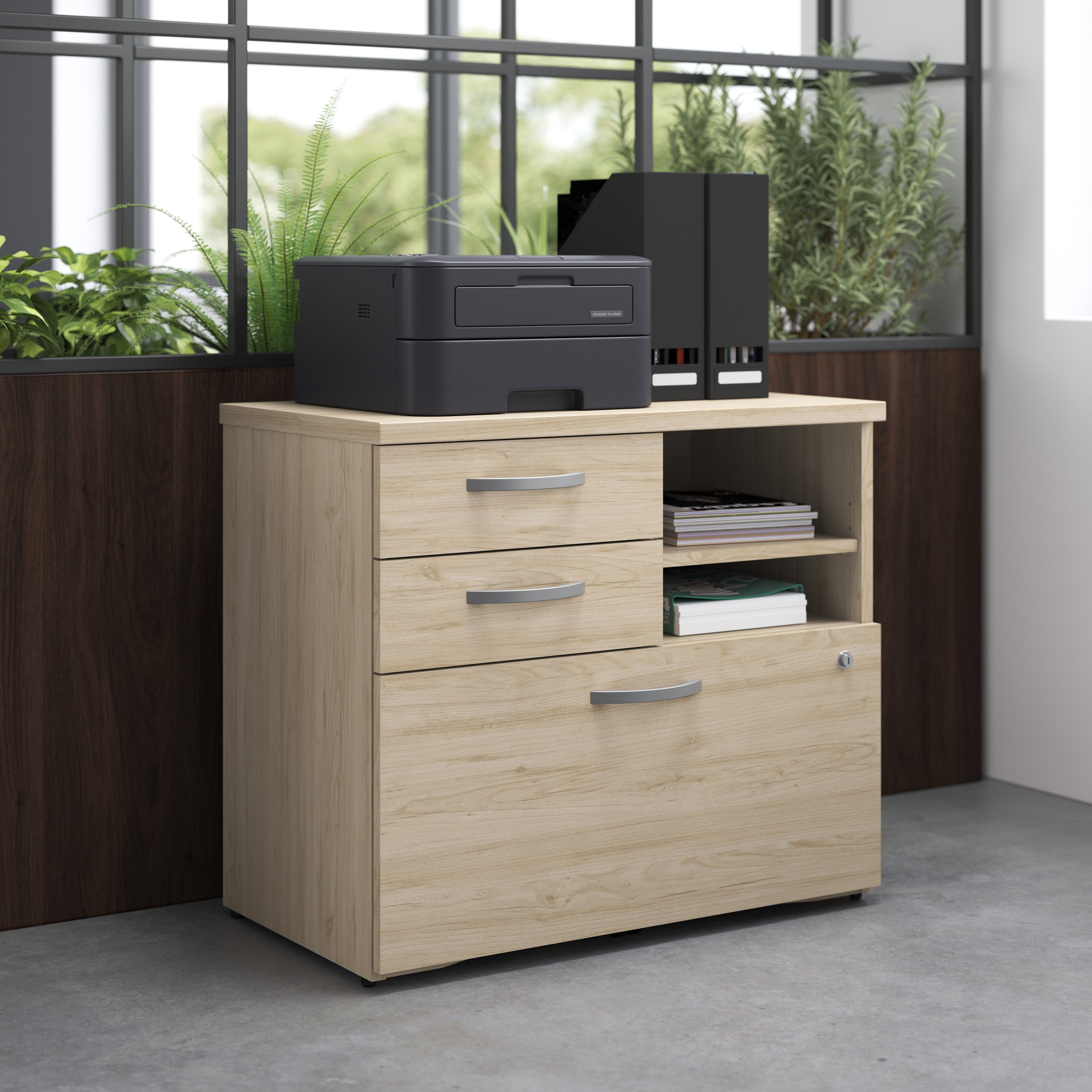 Bush Business Furniture Studio C Office Storage Cabinet with Drawers and Shelves in Natural Elm - 29.72" Width x 16.93" Depth x 25.98" Height
