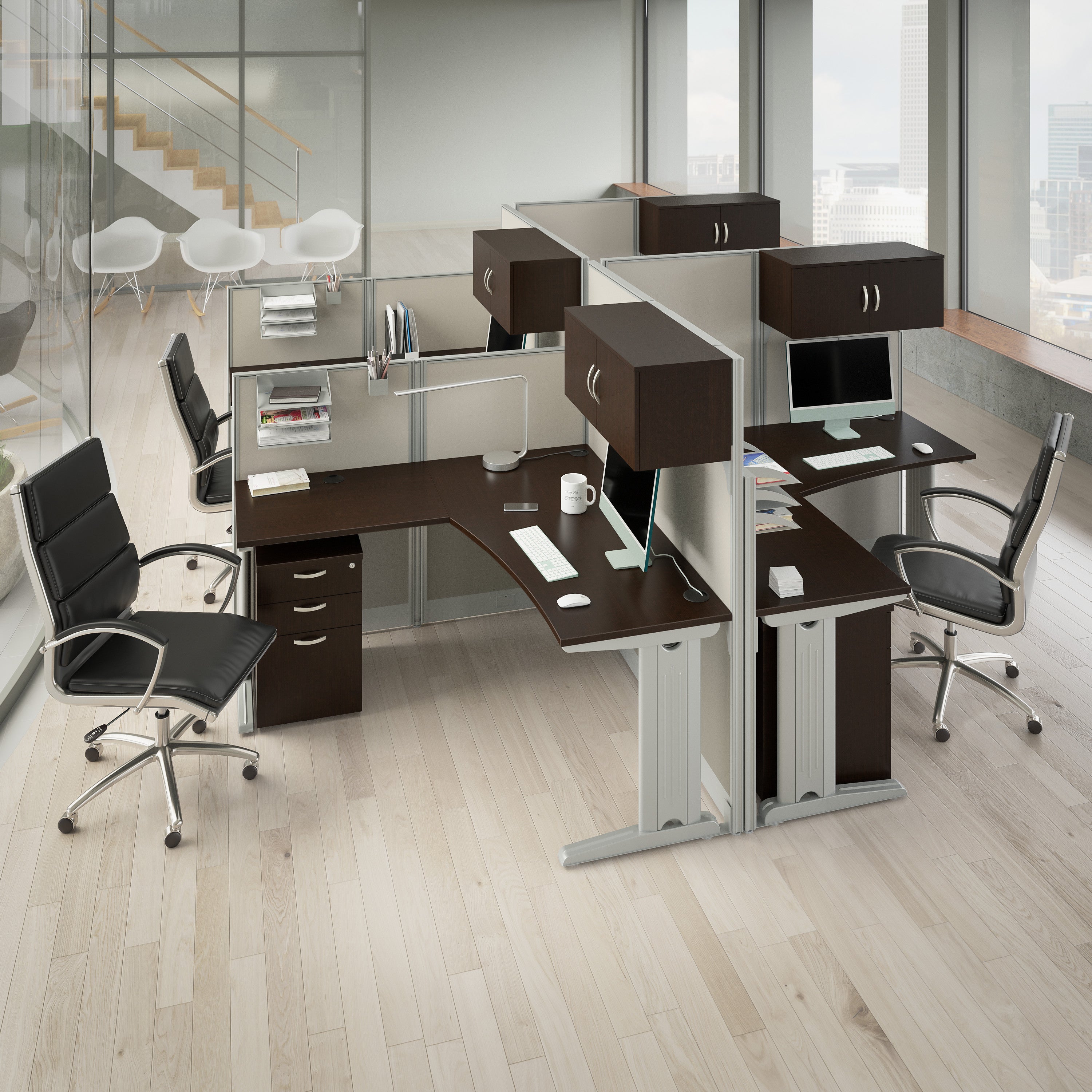 Bush Business Furniture Office in an Hour 4 Person L Shaped Cubicle Desks with Storage, Drawers, and Organizers in Mocha Cherry - 128.98" Width x 128.98" Depth x 62.87" Height