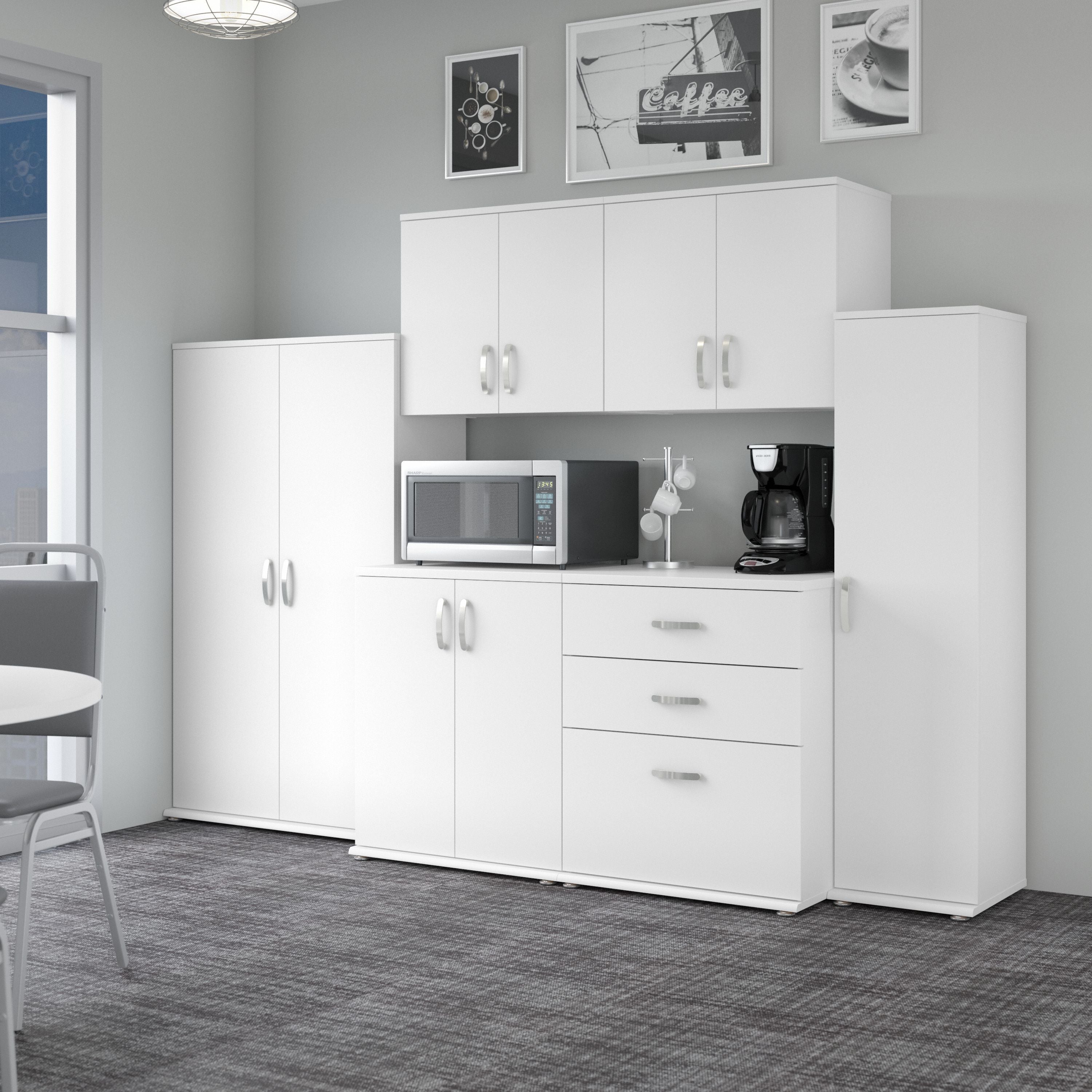 Bush Business Furniture Universal 108W 6 Piece Modular Storage Set with Floor and Wall Cabinets in White - 108.08" Width x 24.69" Depth x 61.81" Height