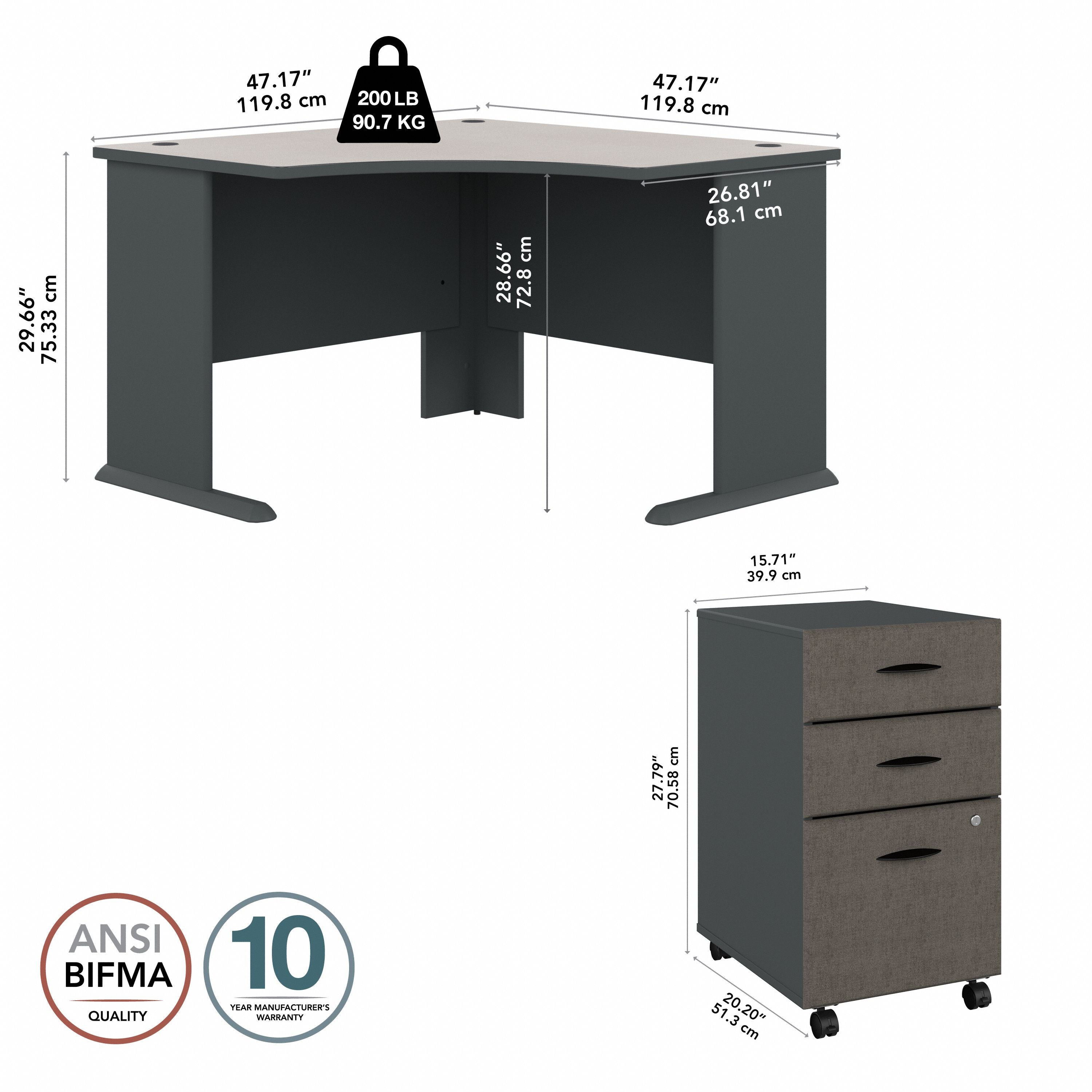 Bush Business Furniture Series A 48W Corner Desk with Mobile File Cabinet in Slate and White Spectrum - 51.52" Width x 47.17" Depth x 29.66" Height