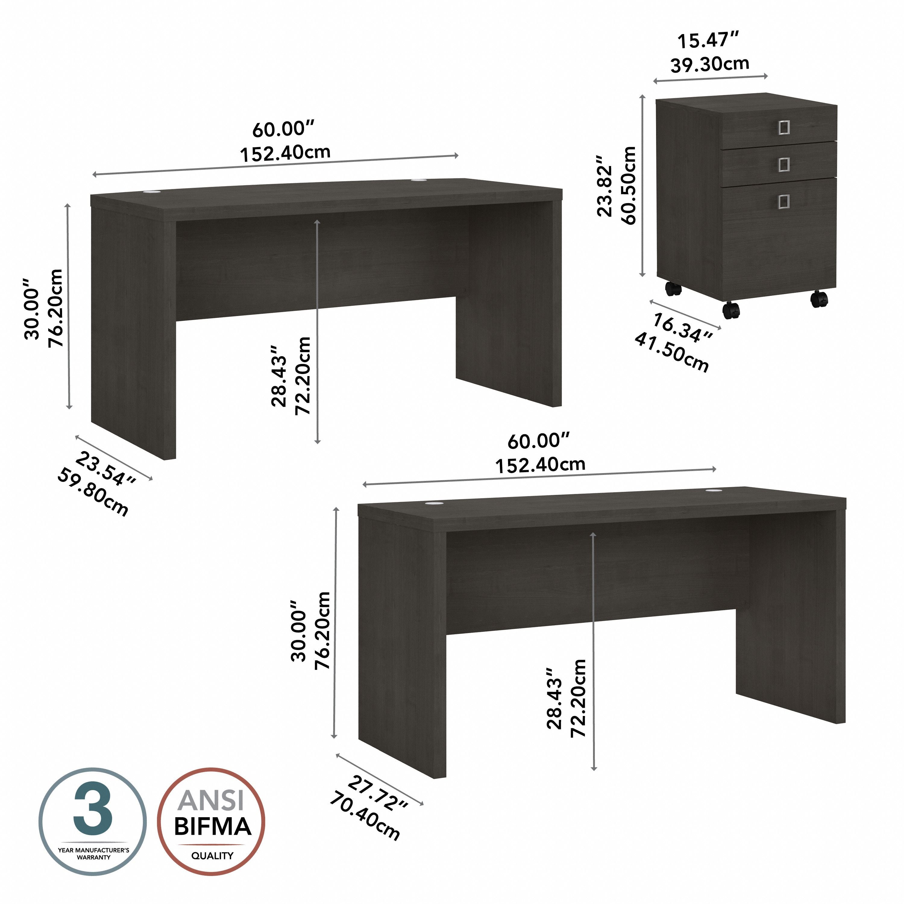 Bush Business Furniture Echo Bow Front Desk and Credenza with Mobile File Cabinet in Charcoal Maple - 60" Width x 87.26" Depth x 30" Height