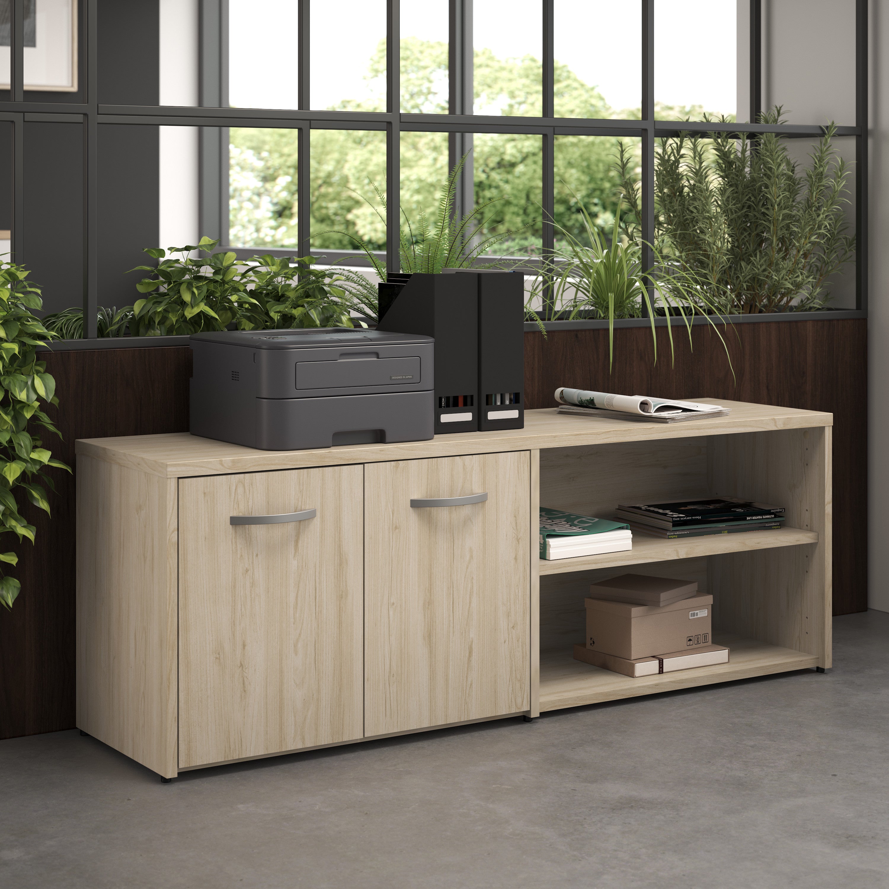 Bush Business Furniture Studio C Low Storage Cabinet with Doors and Shelves in Natural Elm - 59.17" Width x 15.71" Depth x 21.2" Height