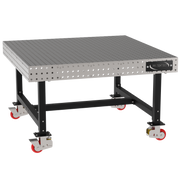 Welding Fixture Table, Fixed Height, 36"H x 60"L x 60"D, 1/4" Carbon Steel Top, Four Black Powdercoat Legs, 4 Heavy Duty Suspension Casters (2 Locking/Swiveling Casters and 2 Non-Locking/Non-SwivelingCasters)