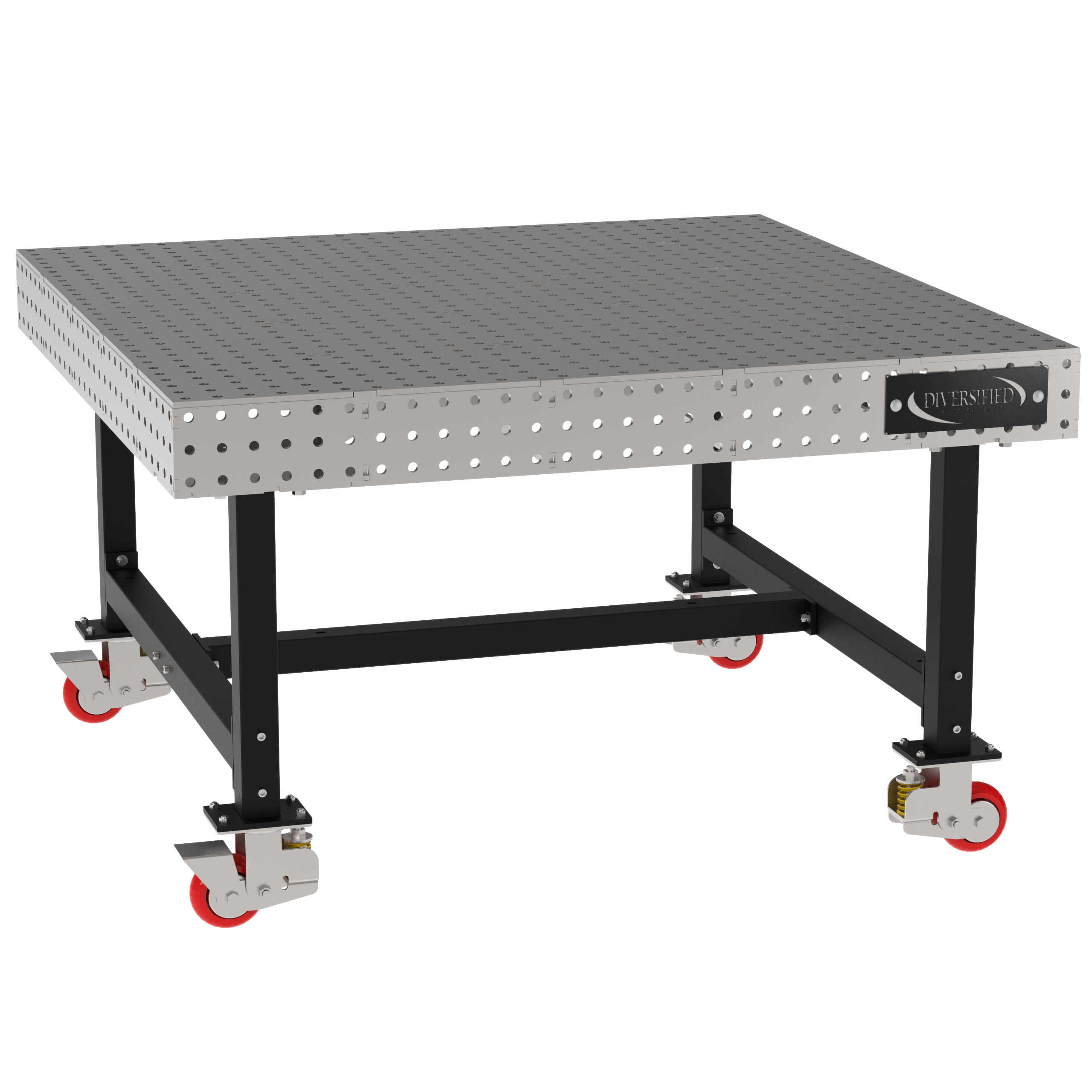 Welding Fixture Table, Fixed Height, 36"H x 60"L x 60"D, 1/4" Carbon Steel Top, Four Black Powdercoat Legs, 4 Heavy Duty Suspension Casters (2 Locking/Swiveling Casters and 2 Non-Locking/Non-SwivelingCasters)