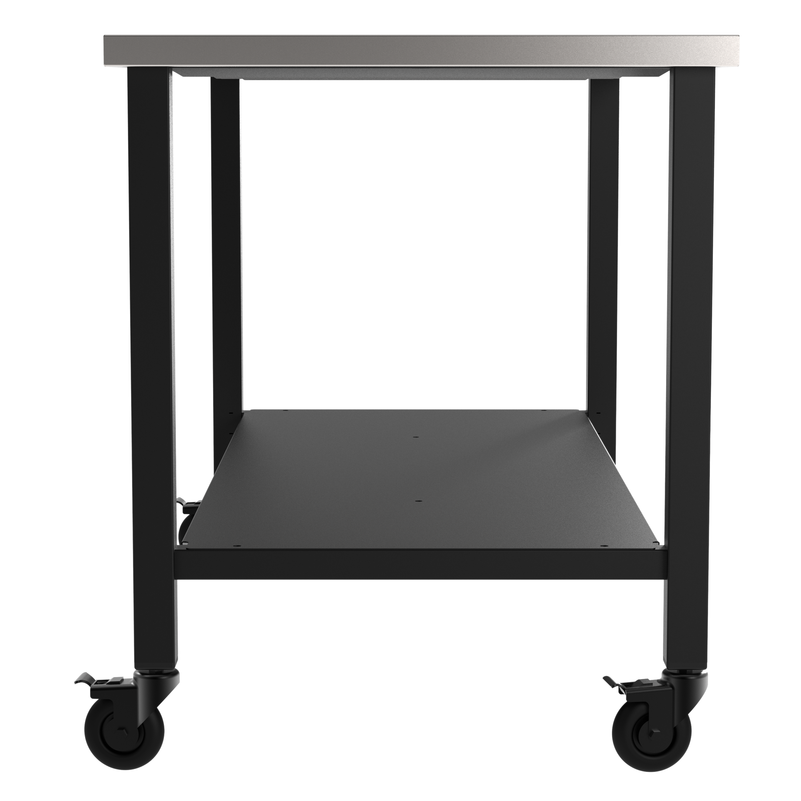 Fabrication Prep Table Fixed Height 36"H X 60"W X 30"D  Carbon Steel Top, Four Leg Frame, Powder Coated Black, Lower Shelf Powder Coated Black, Swivel Locking Casters(Caster need to be assembled.)