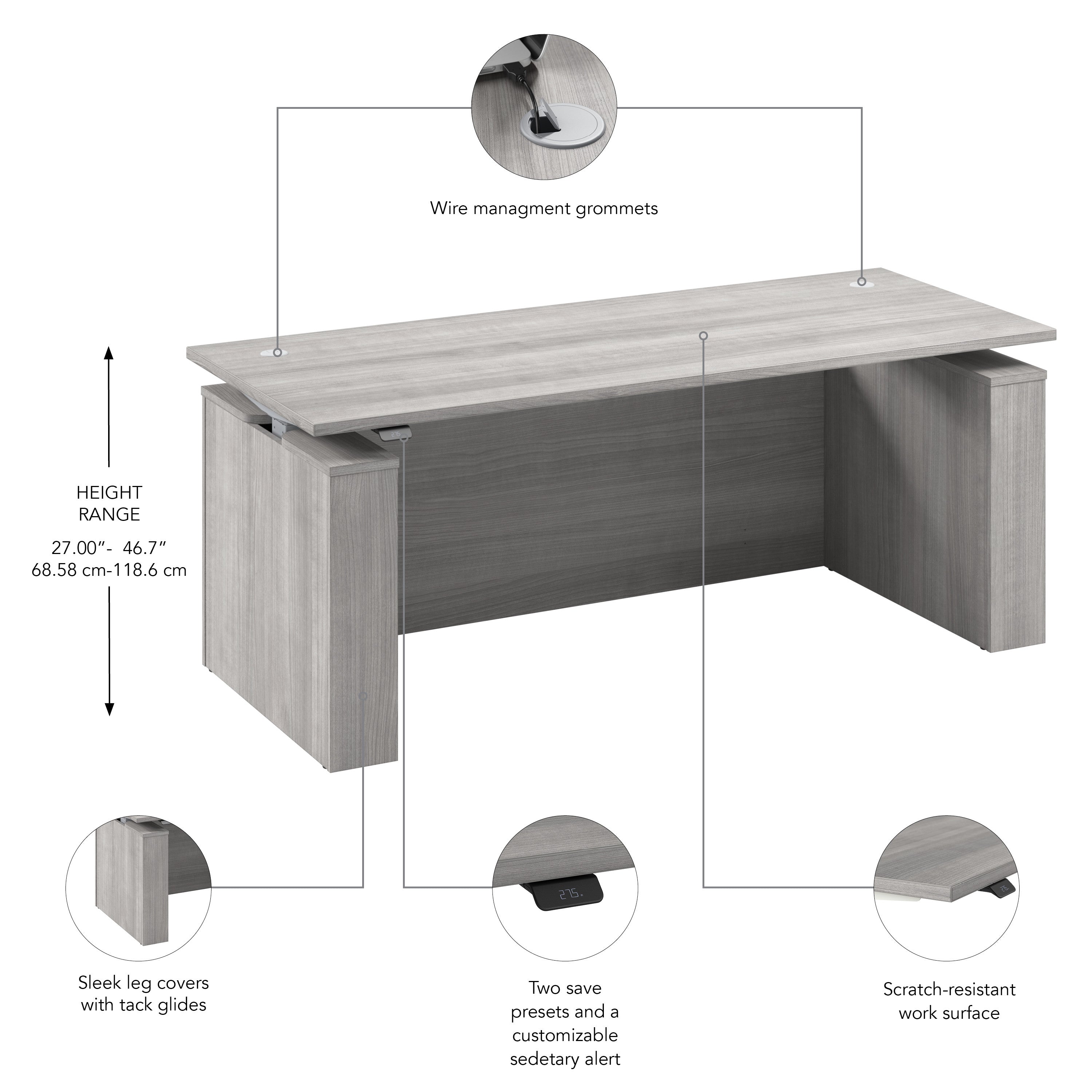 Bush Business Furniture Stratus&nbsp;72W x&nbsp;30D Electric Height Adjustable Standing Desk with Modesty Panel in Platinum Gray with Metallic Gray Base - 71.02" Width x 29.37" Depth x 27.44" Height