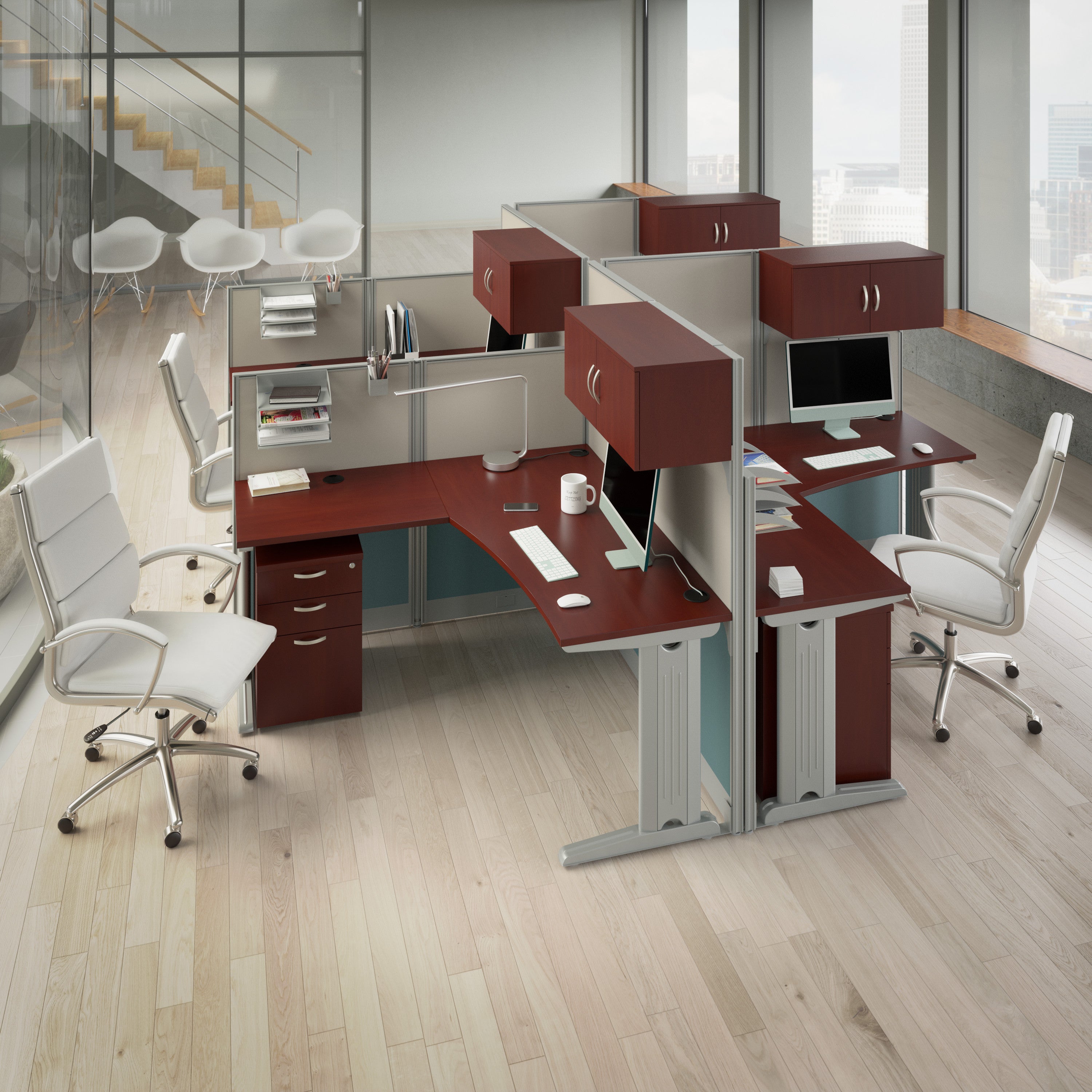 Bush Business Furniture Office in an Hour 4 Person L Shaped Cubicle Desks with Storage, Drawers, and Organizers in Hansen Cherry - 128.98" Width x 128.98" Depth x 62.87" Height
