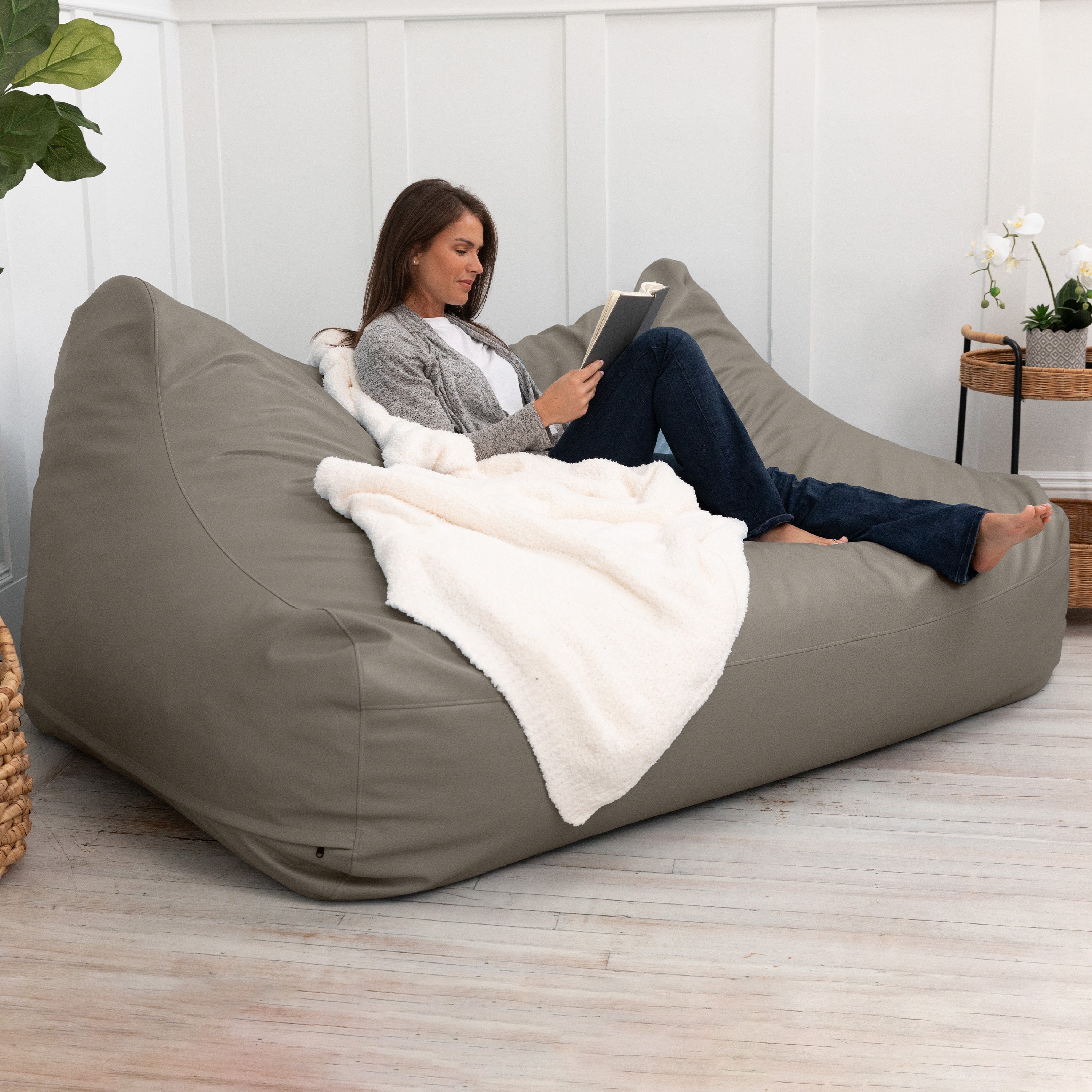 Atrium Collection Lozia Loveseat - Large Foam Bean Bag Sofa for Home Theaters, Offices, Schools, Reception & Waiting Rooms - Faux-Leather - Gun Metal