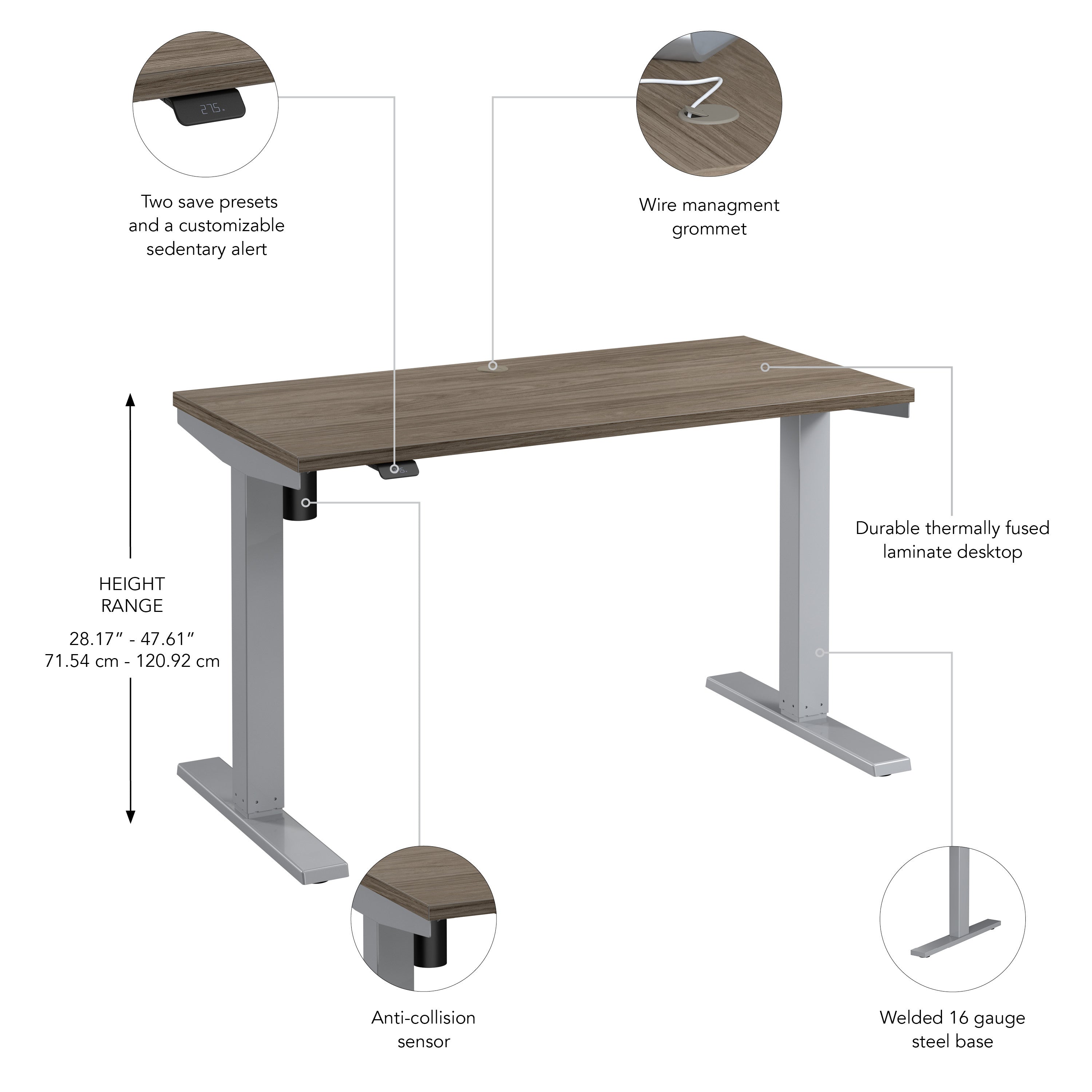 Bush Business Furniture Move 40 Series 48W x 24D Electric Height Adjustable Standing Desk in Modern Hickory with Metallic Gray Base - 47.6" Width x 23.35" Depth x 28.17" Height