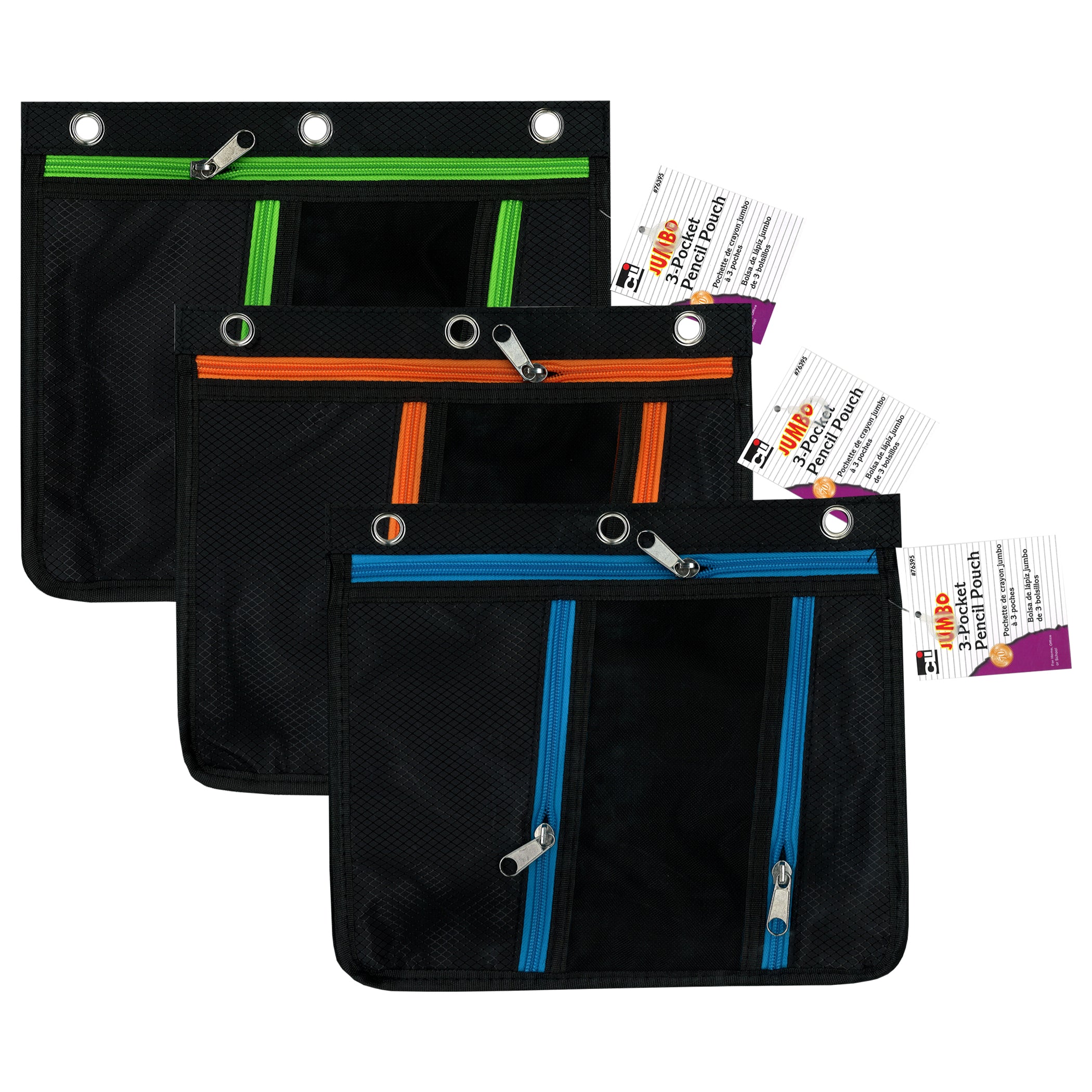 Expanding Pencil Pouch, 3 Pocket, 11"W x 9.5"H x 1"D, Assorted Colors, Pack of 24