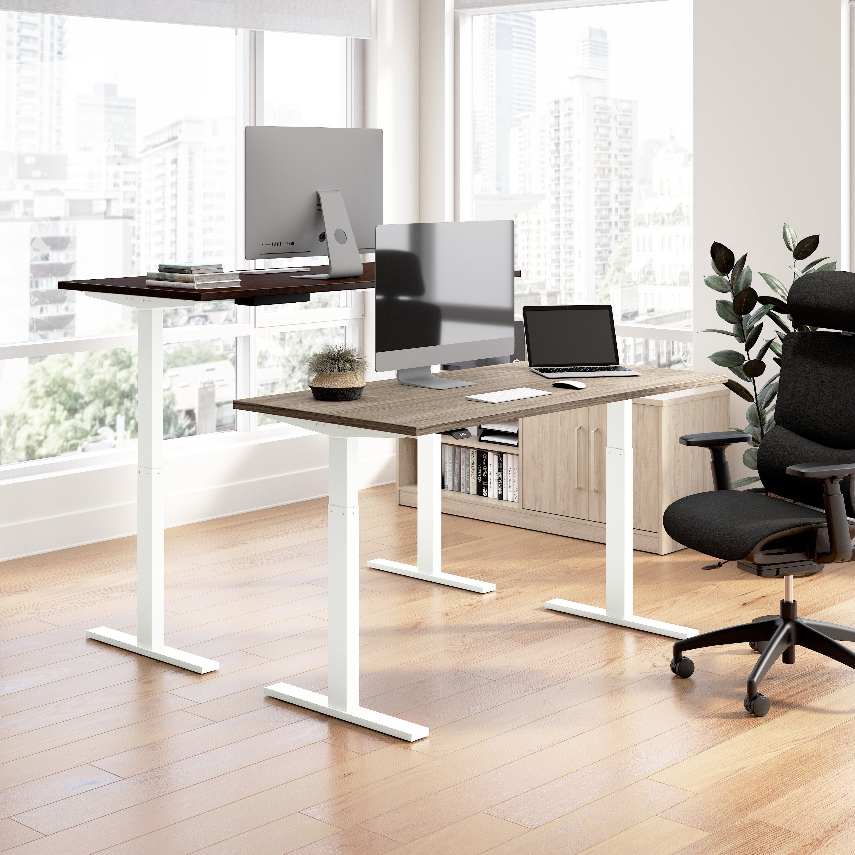 Bush Business Furniture Move 60 Series 72W Height Adjustable L Shaped Standing Desk in Modern Hickory with White Base - 71.02" Width x 76.97" Depth x 27.44" Height