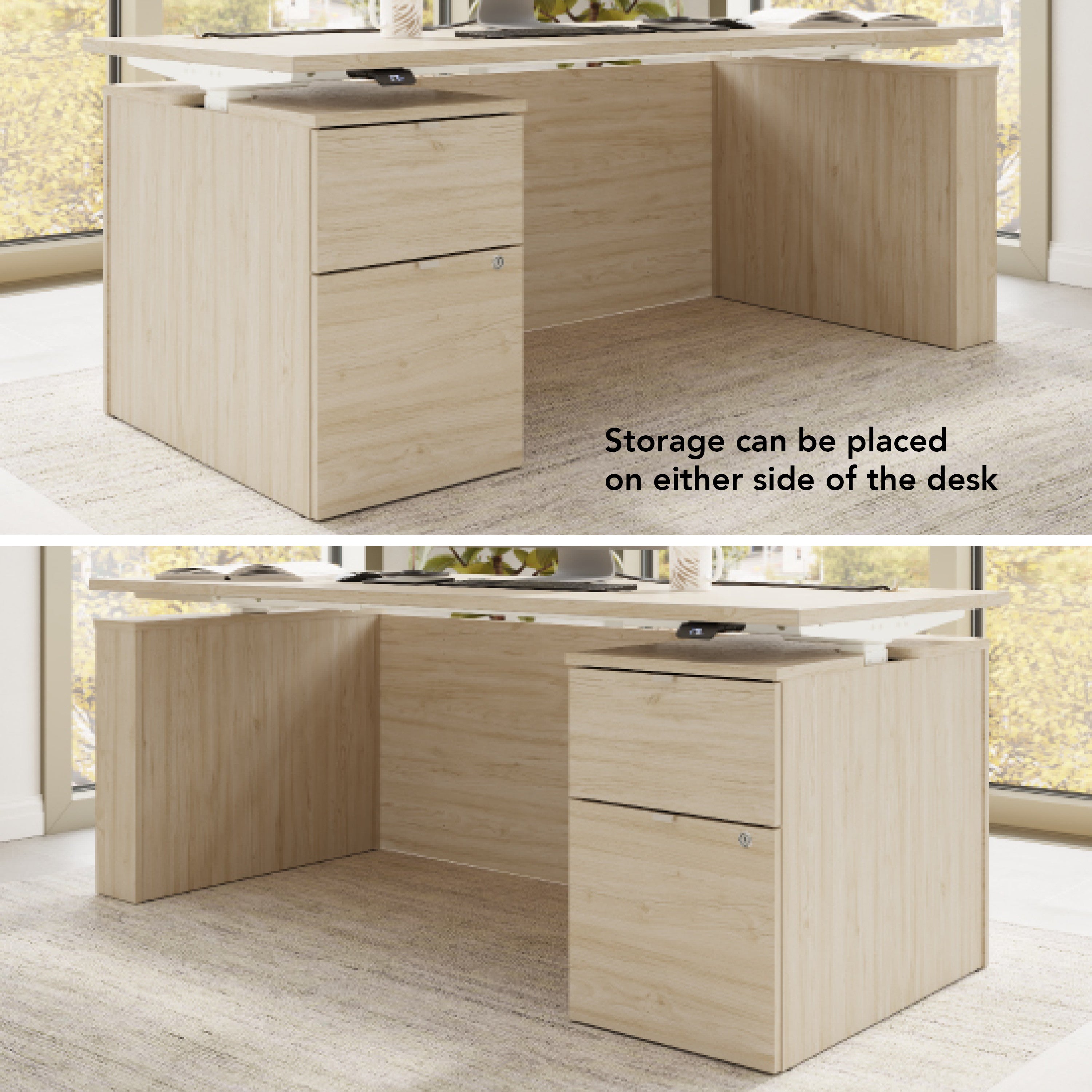 Bush Business Furniture Stratus&nbsp;72W x&nbsp;30D Eletric Height Adjustable Standing Desk with File Cabinet in Natural Elm with White Base - 71.02" Width x 29.37" Depth x 27.44" Height