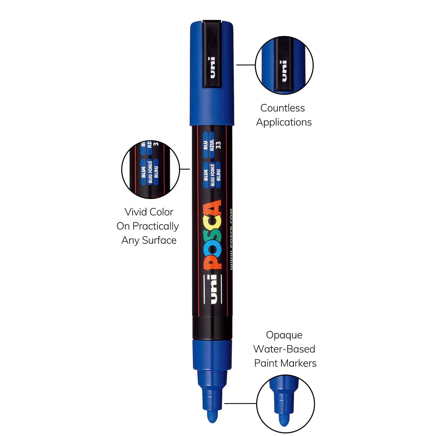uni® POSCA PC-5M Water-Based Paint Markers, Reversible Medium Tip (1.8-2.5mm), Blue