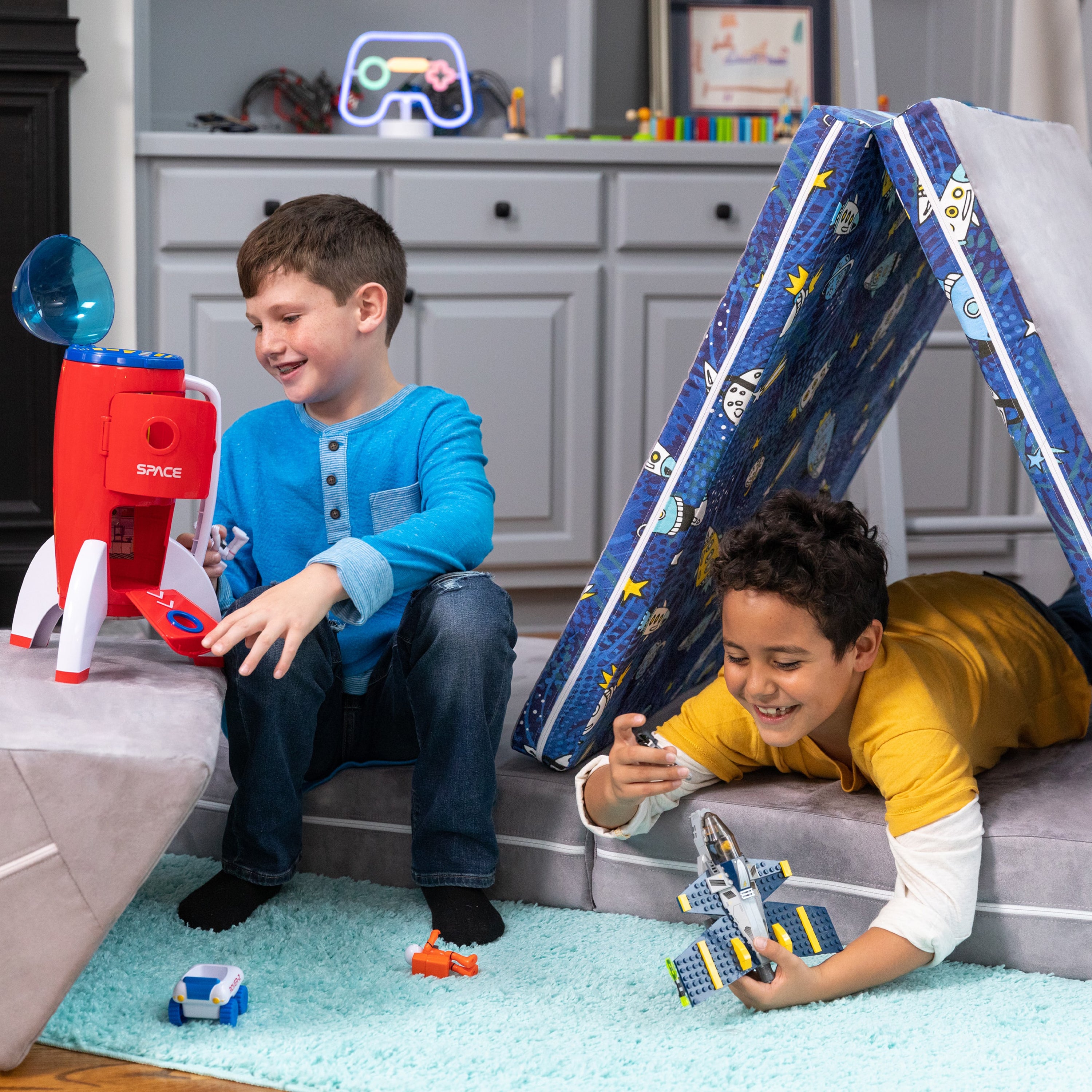Jaxx Playscape - Imaginative Modular Furniture Playset/Sofa - Fun Kids Patterns (Space / Platinum)