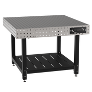 Welding Fixture Table, Fixed Height, 36"H x 48"L x 48"D, 1/4" Carbon Steel Top, Four Black Powdercoat Legs, Shelf, Self-Leveling Feet