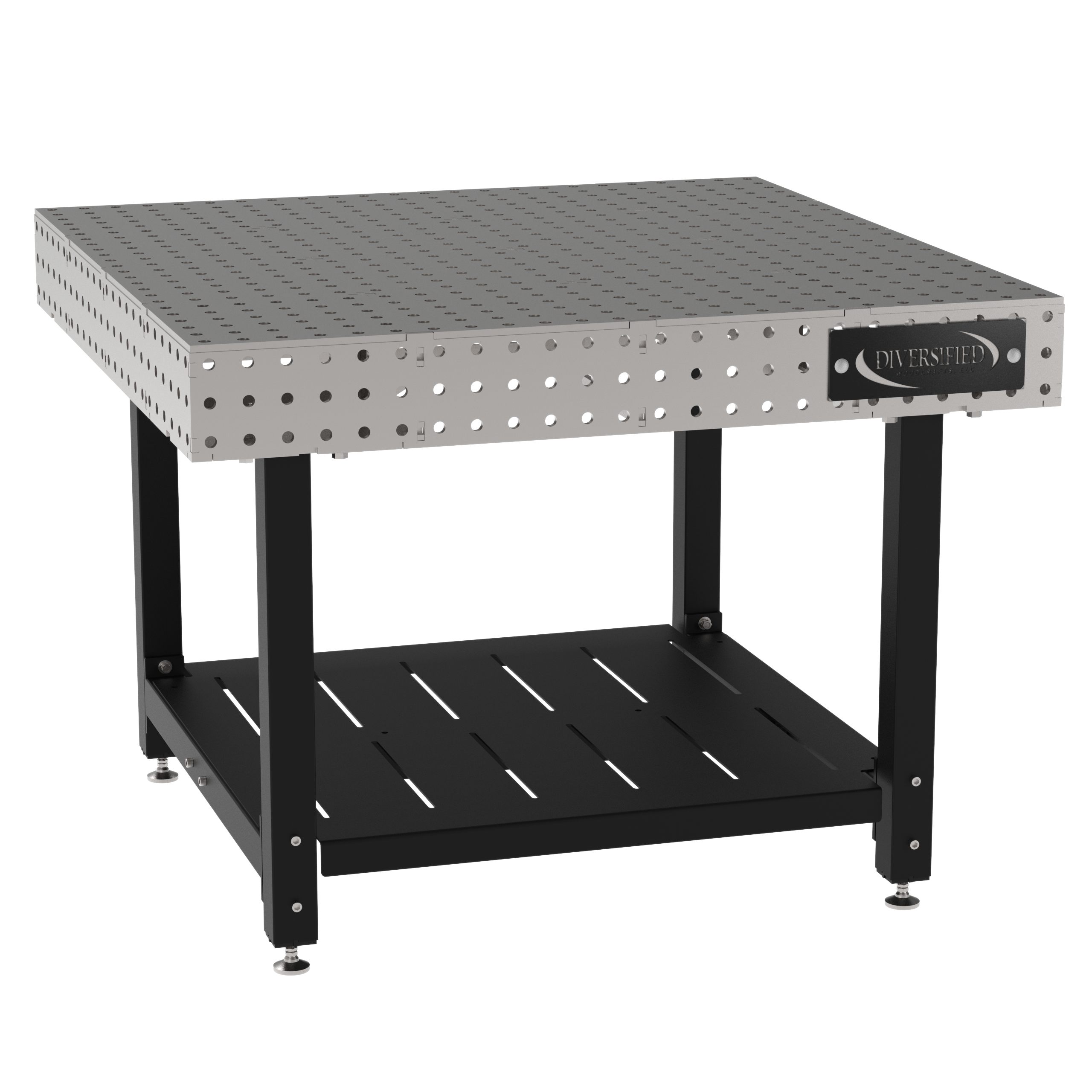 Welding Fixture Table, Fixed Height, 36"H x 48"L x 48"D, 1/4" Carbon Steel Top, Four Black Powdercoat Legs, Shelf, Self-Leveling Feet