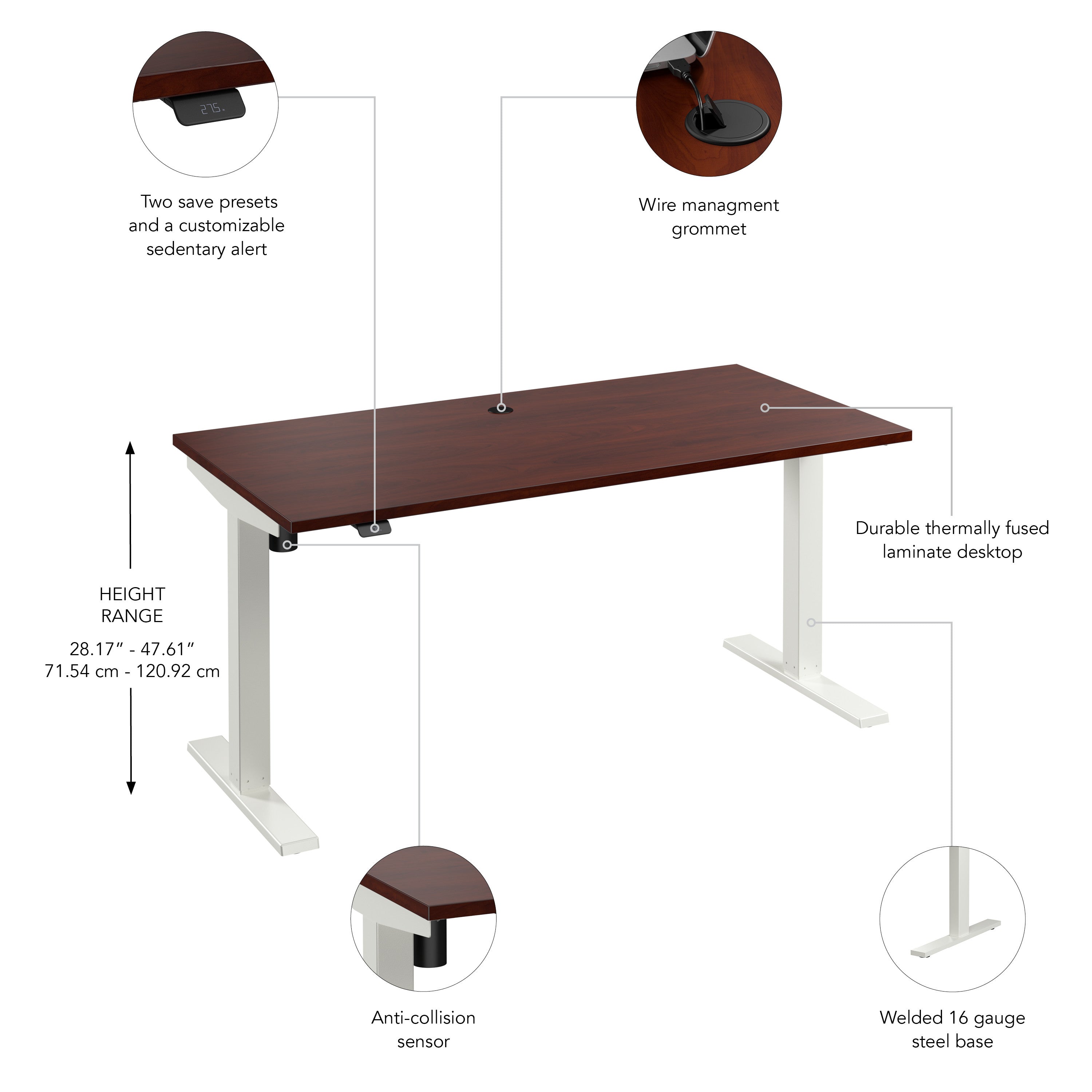 Bush Business Furniture Move 40 Series 60W x 30D Electric Height Adjustable Standing Desk in Hansen Cherry with White Base - 59.45" Width x 29.37" Depth x 28.17" Height