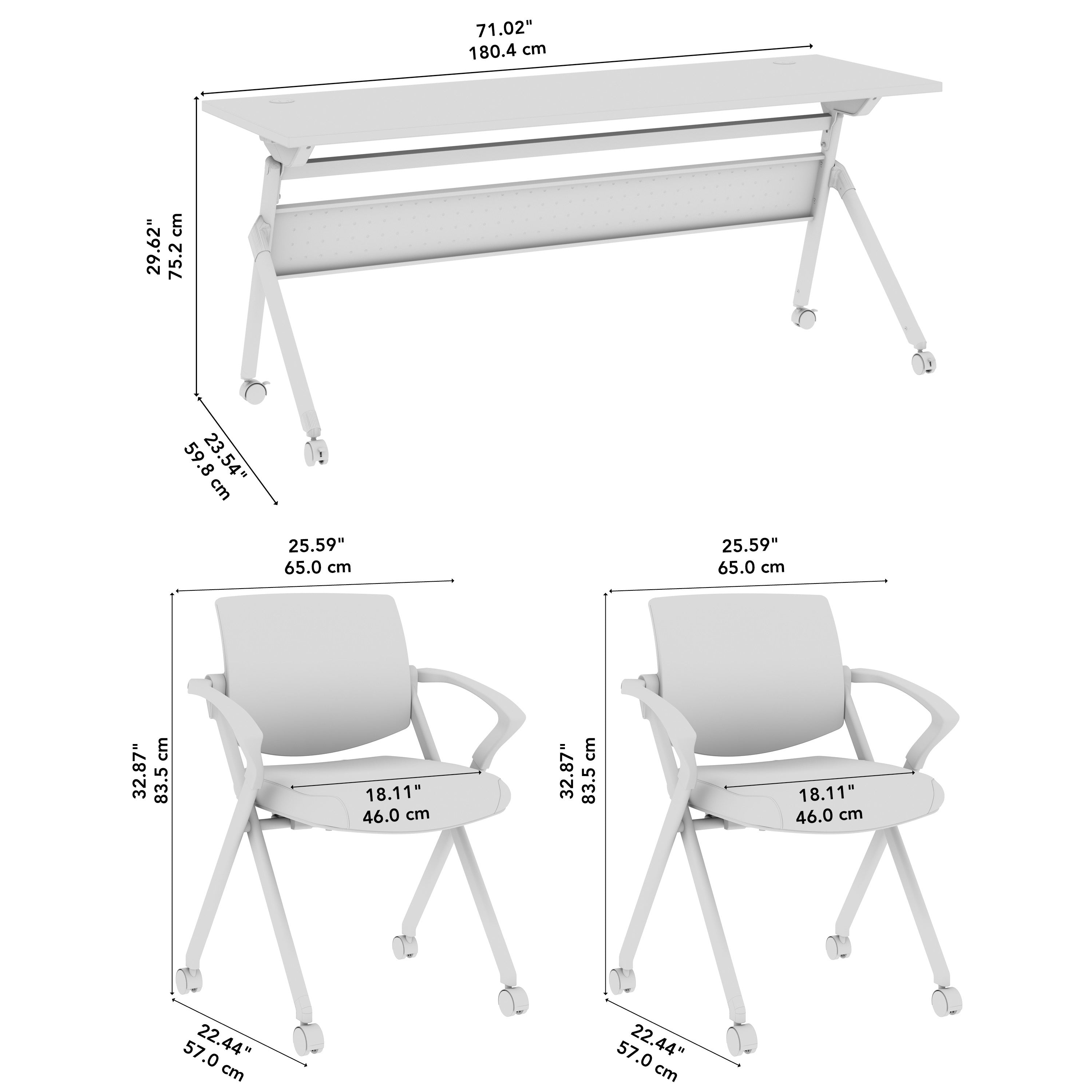 Bush Business Furniture Envision 72W Training Table with Powered Grommets and 2 Chairs with Arms in White - 71.02" Width x 23.54" Depth x 32.87" Height