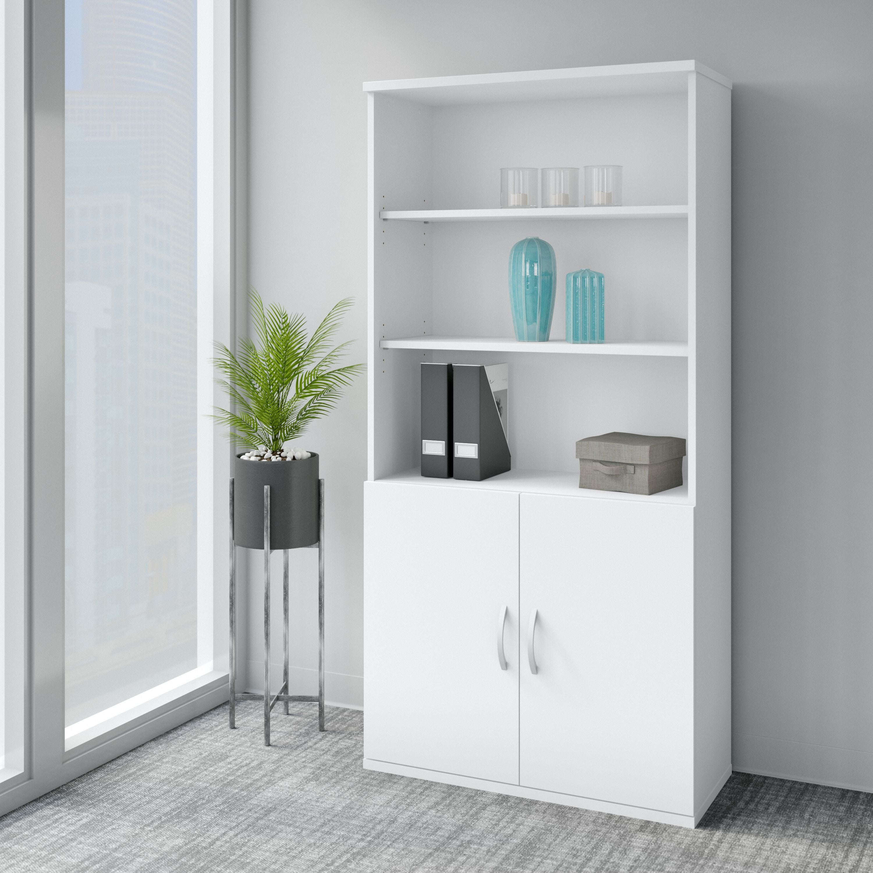 Bush Business Furniture Easy Office 5 Shelf Bookcase with Doors in Pure White - 35.71" Width x 15.35" Depth x 72.8" Height