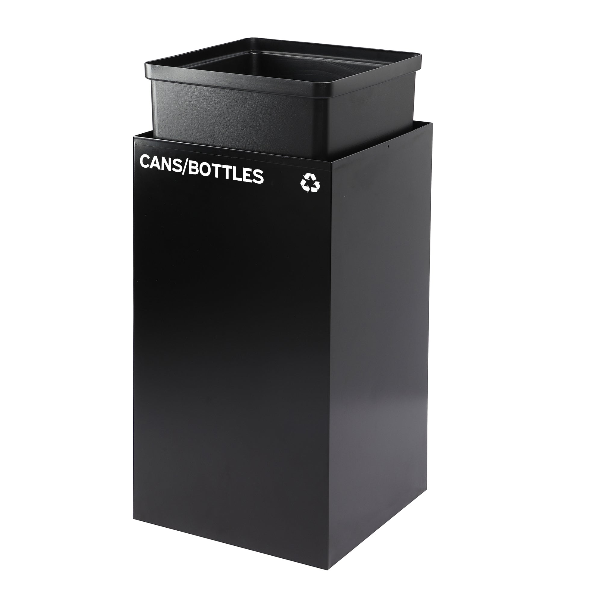 Square Recycling Bin – 29 Gallons - Black Can, Mixed Opening Lid, for Cans/Bottles