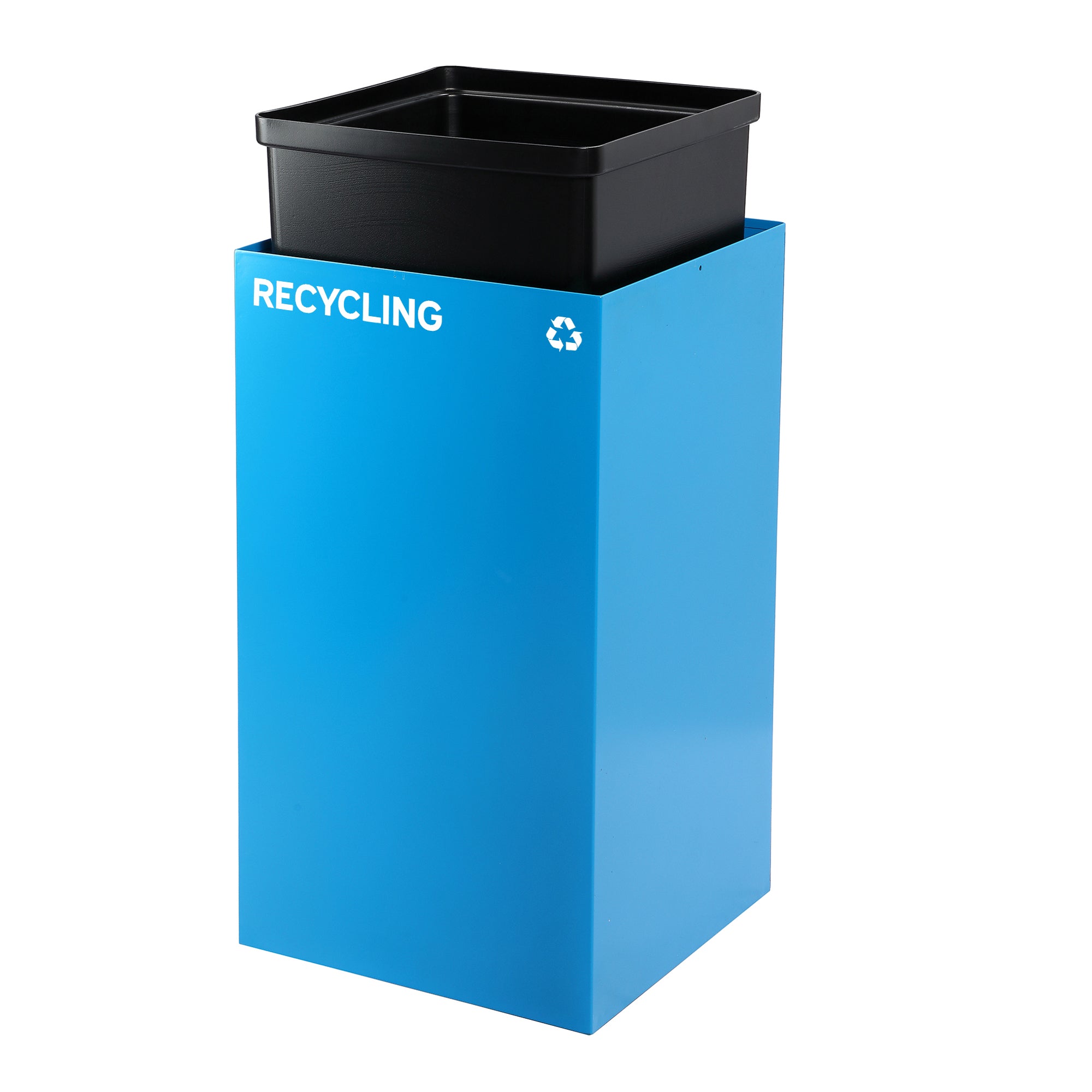 Alpine Industries 87 Gal. 3-Stream Steel Blue Recycling, Green Compost, and Black Commercial Trash Can Station