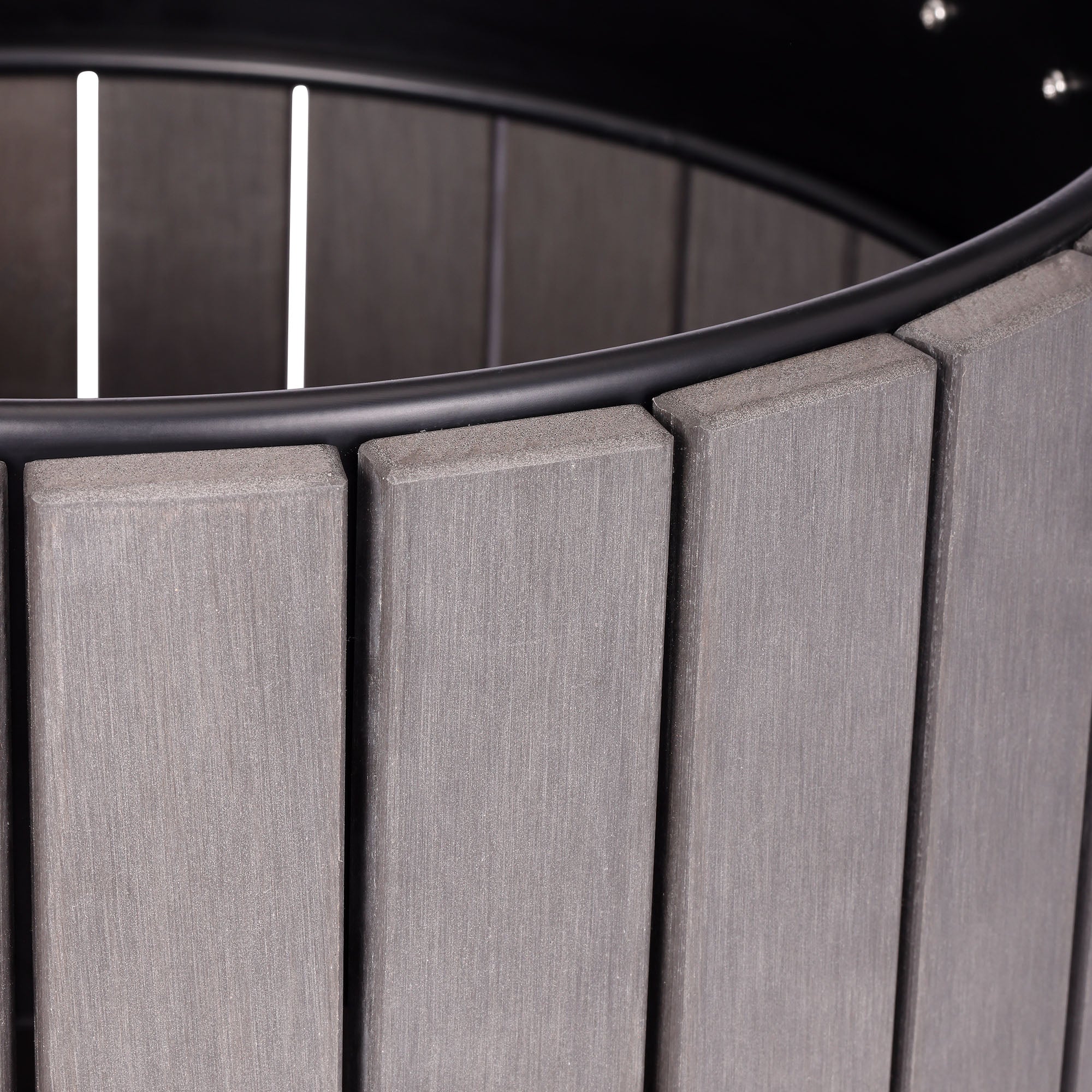 Round, 32-Gallon Outdoor Trash Container with Slatted Recycled Plastic Panels - Rain Bonnet Lid - Grey