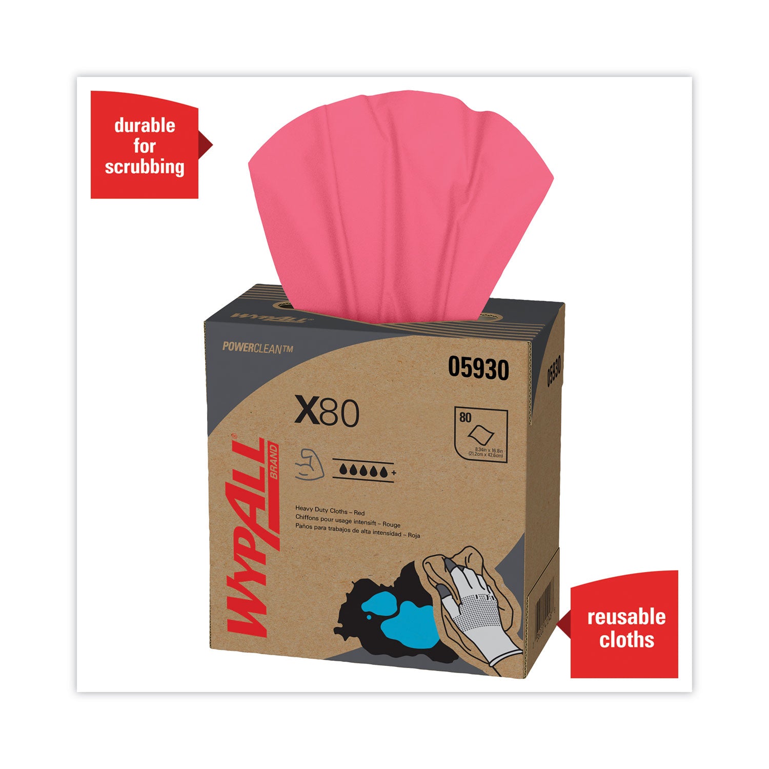 16.80" Length x 8.34" Width - Absorbent, Durable, Reusable, Foldable, Contaminant-free, Durable - Red - 80/Box - 1 Carton