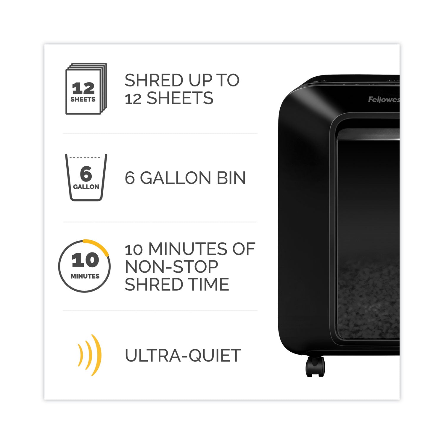 Micro Cut - 12 Per Pass - for shredding Paper, Paper Clip, Credit Card, Staples - 0.156" x 0.500" Shred Size - P-4 - 9 ft/min - 9" Throat - 10 Minute Run Time - 6 gal Wastebin Capacity - Black