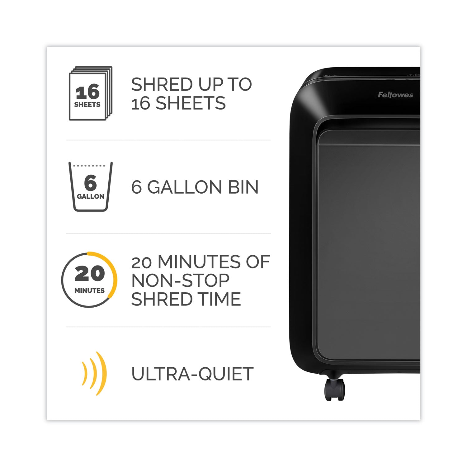 Micro Cut - 16 Per Pass - for shredding Paper, Credit Card, Paper Clip, Staples, Junk Mail - 0.156" x 0.500" Shred Size - P-4 - 7 ft/min - 9" Throat - 20 Minute Run Time - 6 gal Wastebin Capacity - Black