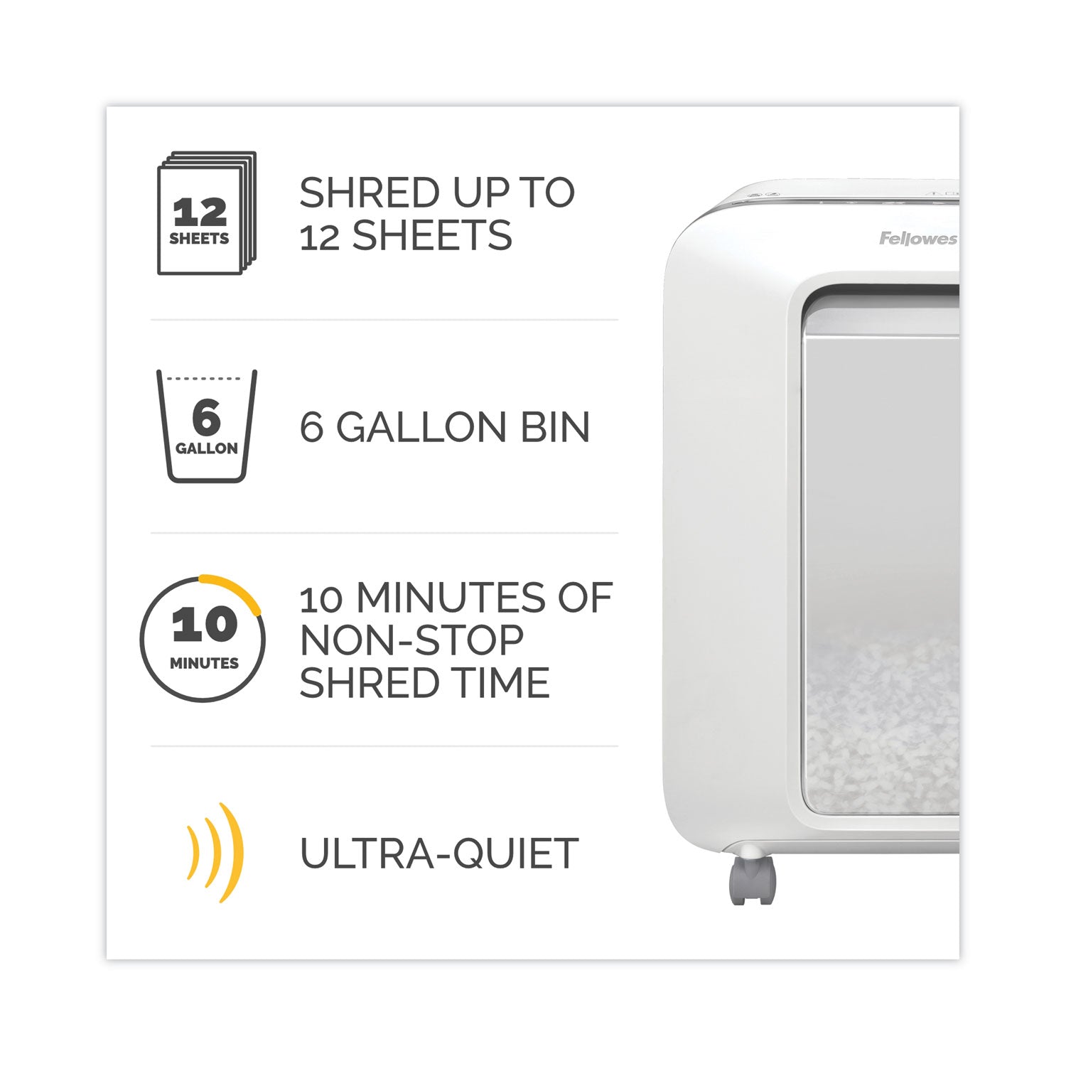Continuous Shredder - Micro Cut - 12 Per Pass - for shredding Paper, Paper Clip, Credit Card, Staples, Junk Mail - 0.156" x 0.500" Shred Size - P-4 - 10 Minute Run Time - 15 Minute Cool Down Time - 6 gal Wastebin Capacity - White