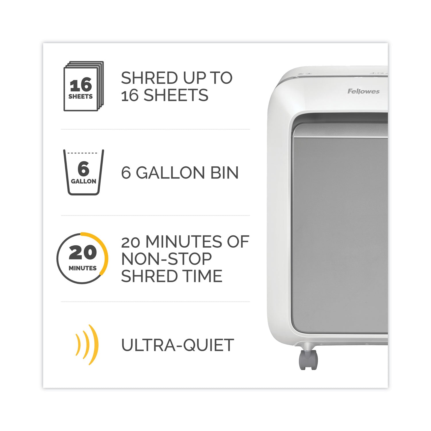 Micro Cut - 16 Per Pass - for shredding Paper, Credit Card, Paper Clip, Staples, Junk Mail - 0.156" x 0.500" Shred Size - P-4 - 7 ft/min - 9" Throat - 20 Minute Run Time - 6 gal Wastebin Capacity - White