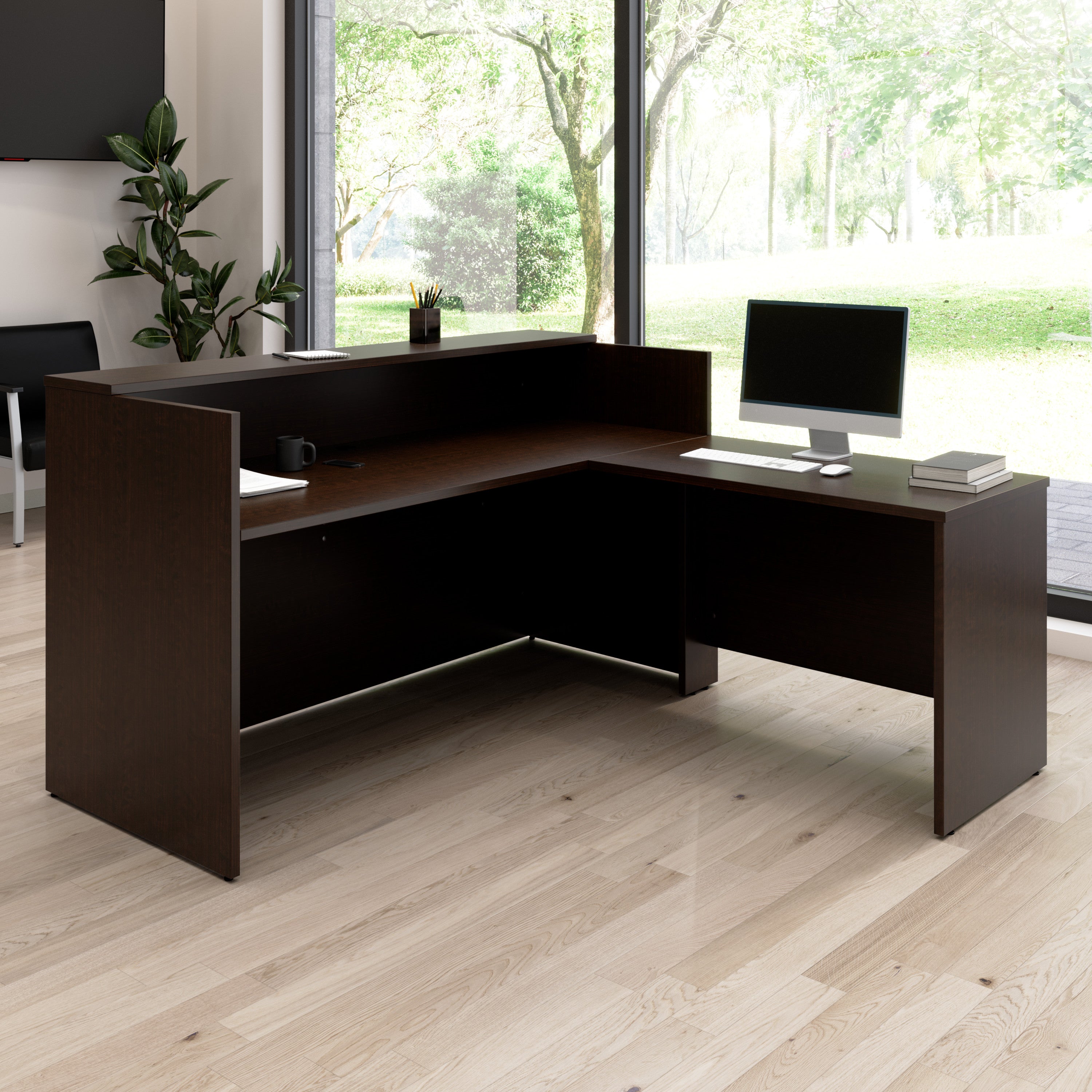 Bush Business Furniture Arrive 72W x 72D L Shaped Reception Desk with Shelf in Mocha Cherry - 71.02" Width x 71.14" Depth x 40.35" Height