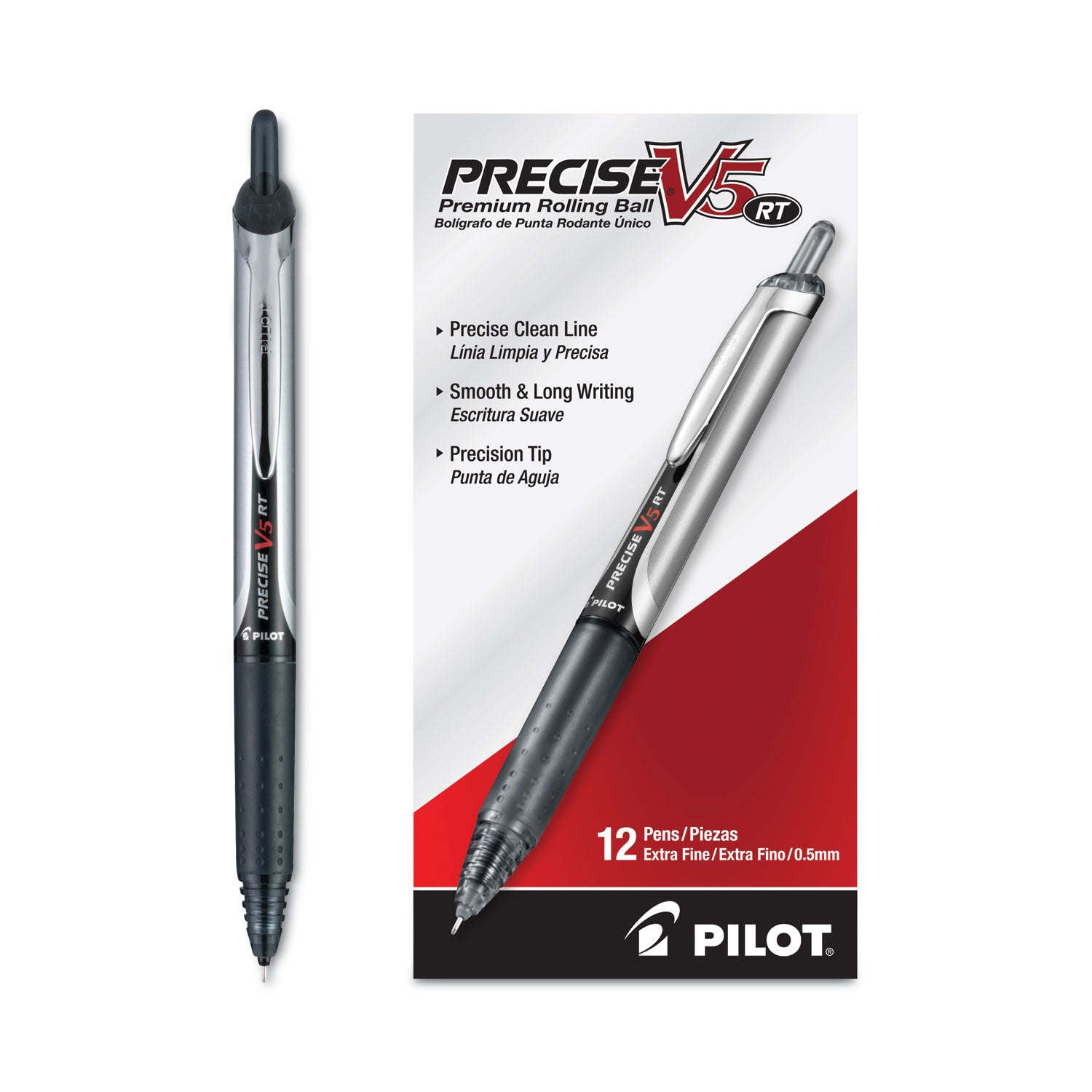 Pilot Extra-Fine Premium Retractable Rolling Ball Pens - 0.5 mm Extra Fine Needle Pen Point - Refillable - Retractable - Black Ink - Water Based - Black Barrel - Writing - 1 Dozen