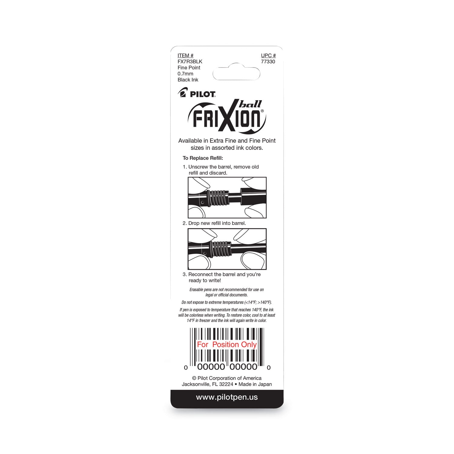 Pilot Erasable Gel Ink Pen Refills - 0.70 mm , Fine Point - Black Ink - Erasable - 3 / Pack