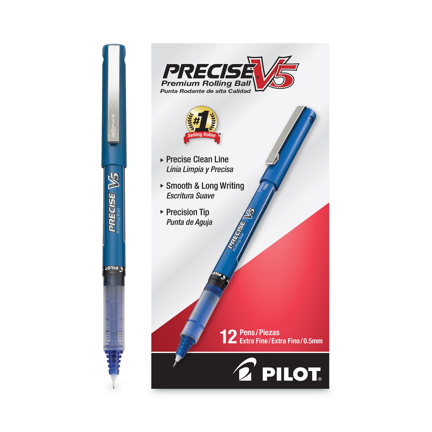 Pilot Precise V5 Extra-Fine Premium Capped Rolling Ball Pens - 0.5 mm Extra Fine Pen Point - Blue Ink - Blue Plastic Barrel - 1 Dozen