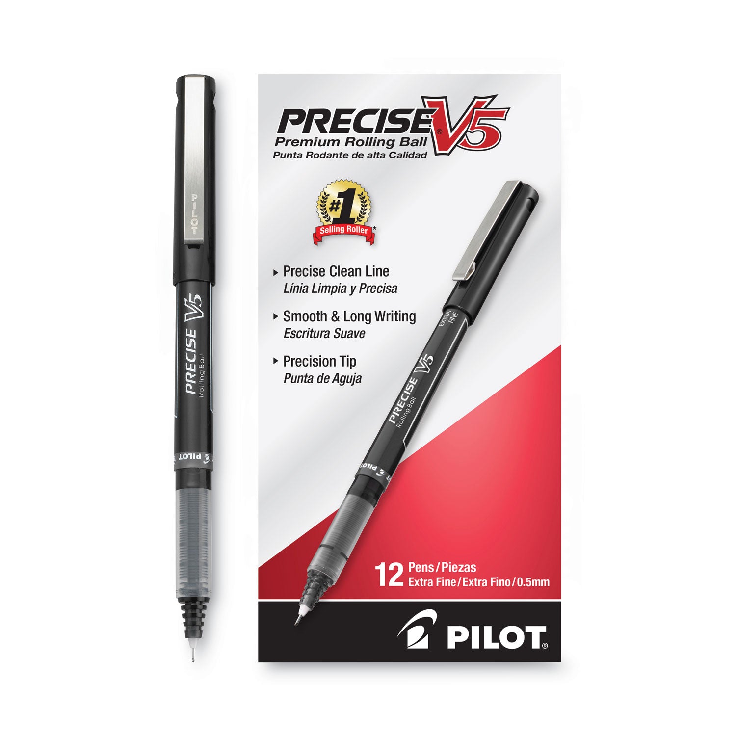 Pilot Precise V5 Extra-Fine Premium Capped Rolling Ball Pens - 0.5 mm Extra Fine Pen Point - Black Ink - Black Plastic Barrel - 1 Dozen