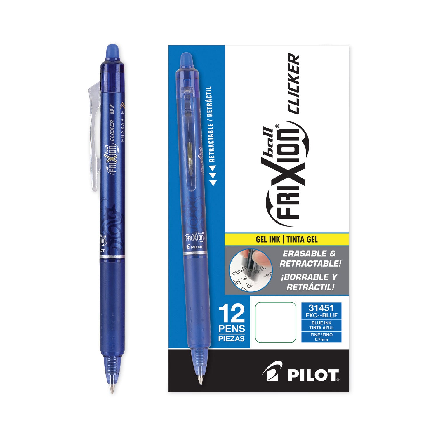 FriXion Gel Pens - 0.7 mm Fine Pen Point - Retractable - Blue Ink - Gel-based - Document, Writing - 1 Dozen