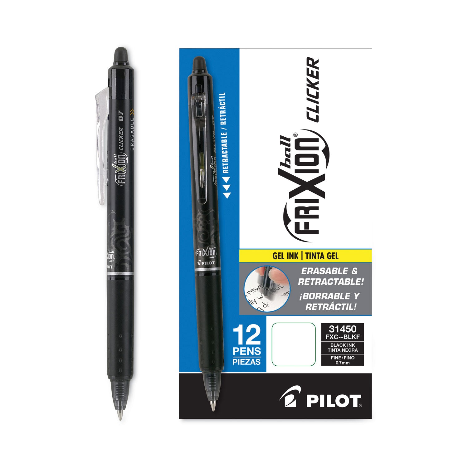 0.7 mm Fine Pen Point - Retractable - Erasable - Black Ink - Gel-based - Black Barrel - Document, Writing - 1 Dozen