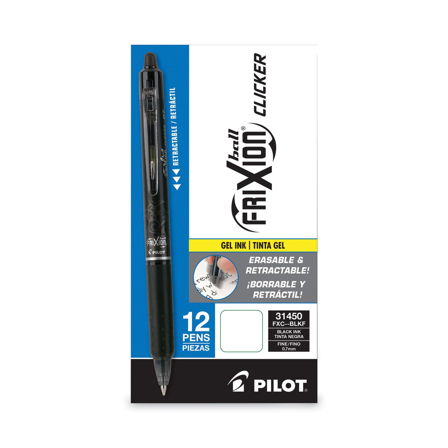0.7 mm Fine Pen Point - Retractable - Erasable - Black Ink - Gel-based - Black Barrel - Document, Writing - 1 Dozen