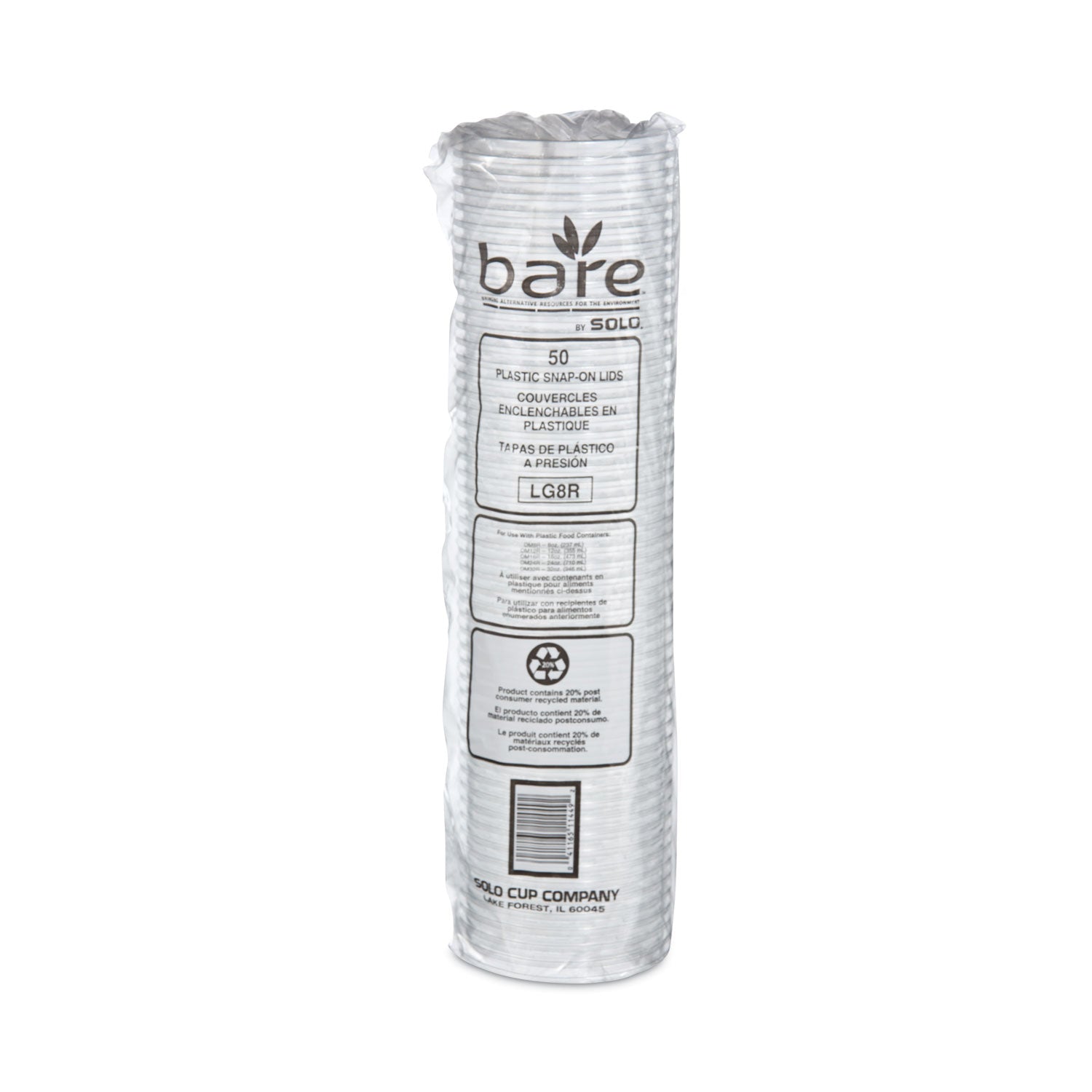 Bare Eco-Forward RPET Deli Container Lids, Recessed Lid, Fits 8 oz Containers, Clear, Plastic, 50/Pack, 10 Packs/Carton