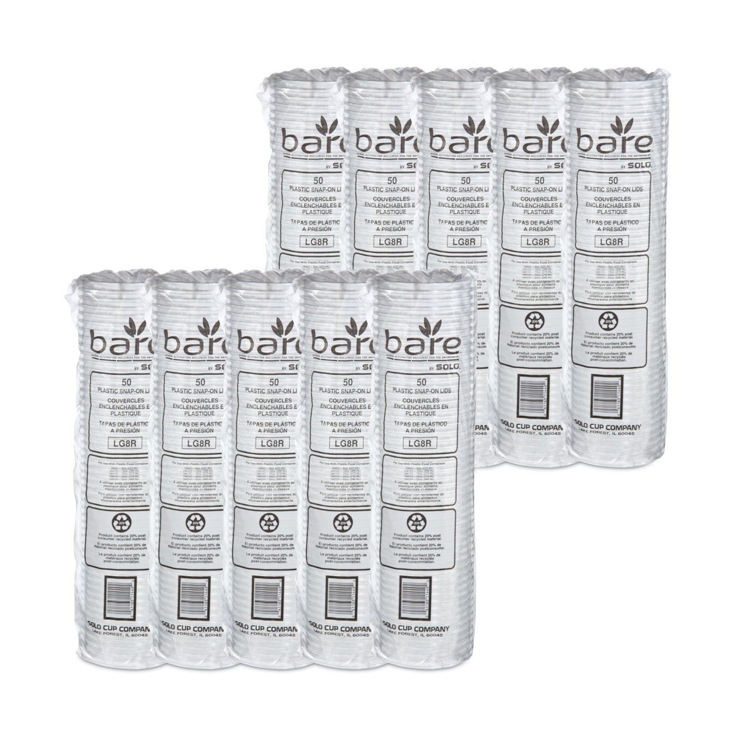 Bare Eco-Forward RPET Deli Container Lids, Recessed Lid, Fits 8 oz Containers, Clear, Plastic, 50/Pack, 10 Packs/Carton