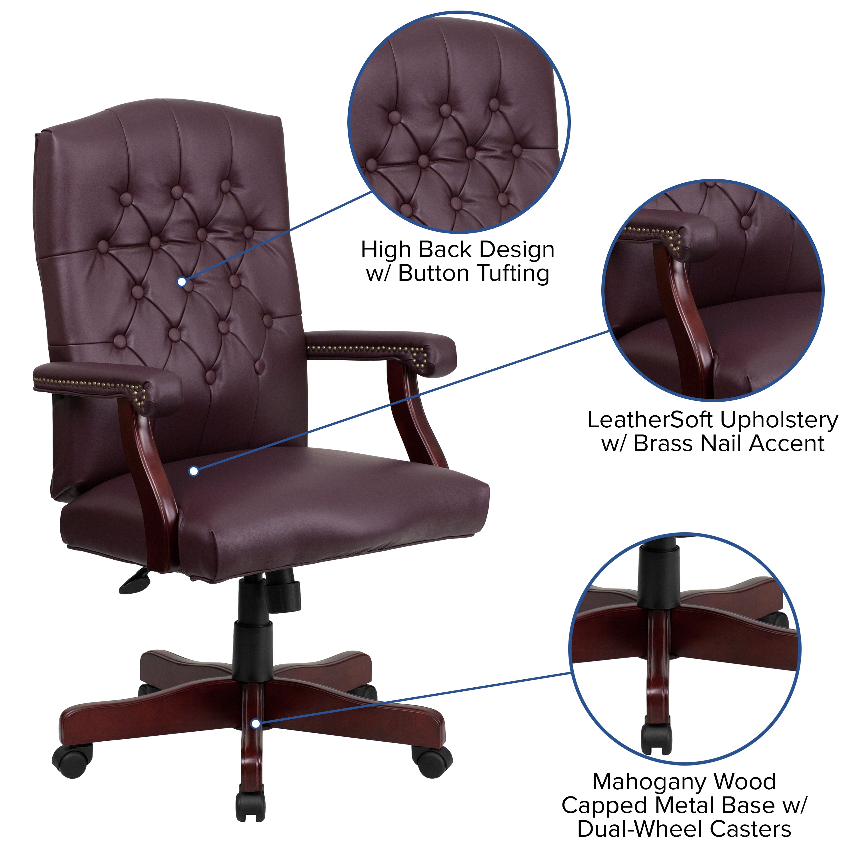 Martha Washington Burgundy LeatherSoft Executive Swivel Office Chair with Arms