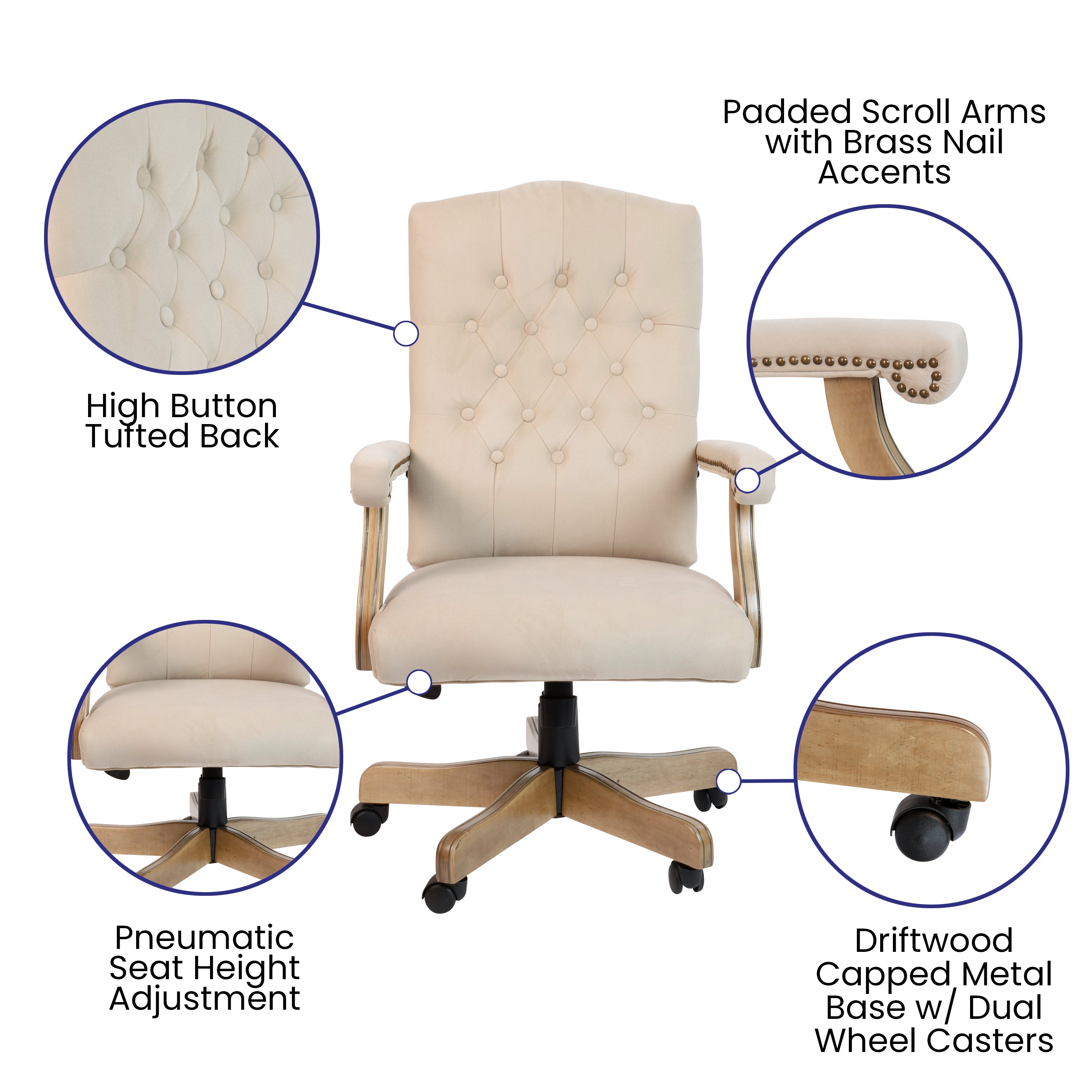 Derrick Ivory Microfiber Classic Executive Swivel Office Chair with Driftwood Arms and Base