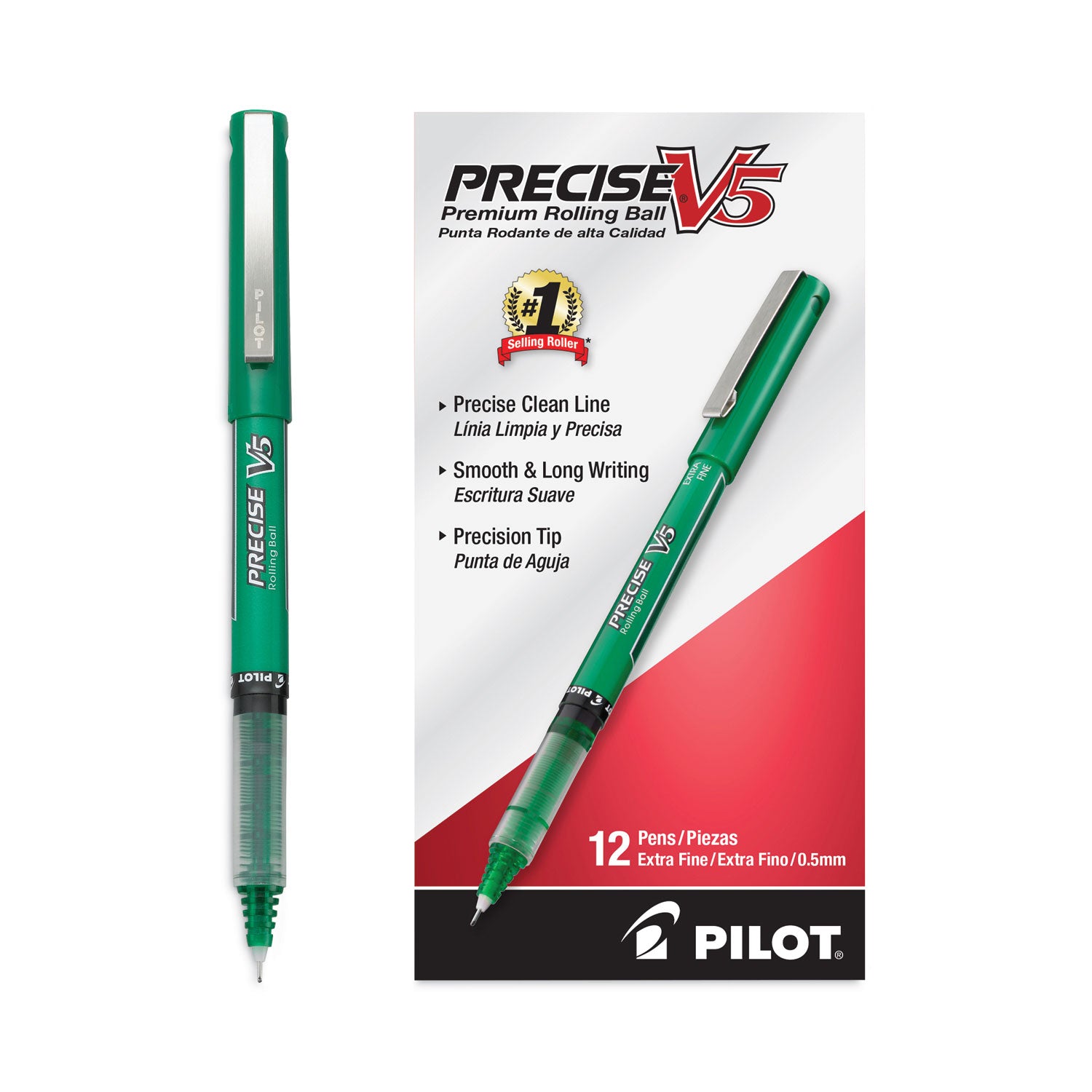 Pilot Precise V5 Extra-Fine Premium Capped Rolling Ball Pens - 0.5 mm Extra Fine Pen Point - Green Ink - Green Plastic Barrel - Writing - 1 Dozen