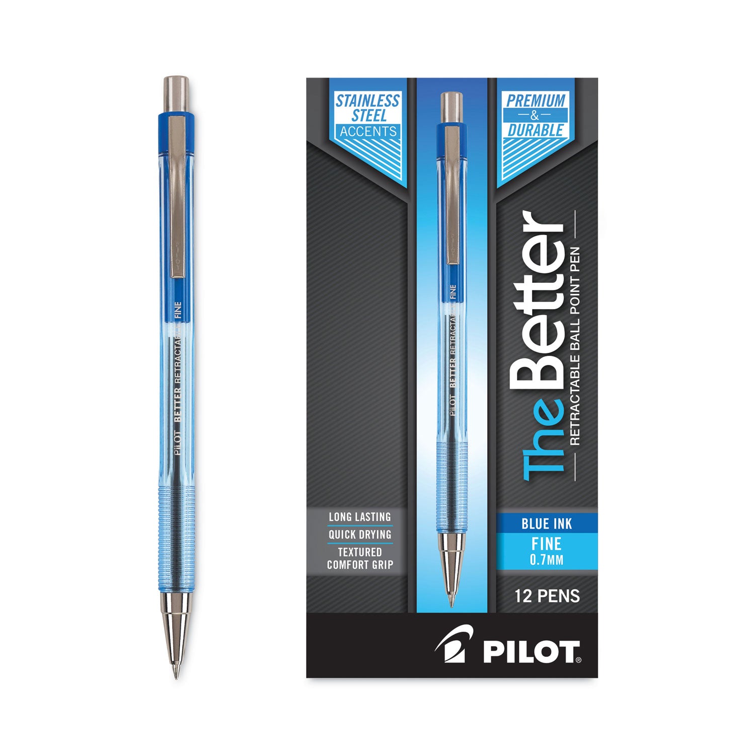 Pilot Better Retractable Ballpoint Pens - 0.7 mm Pen Point - Refillable - Retractable - Blue Ink - Translucent Barrel - 1 Dozen