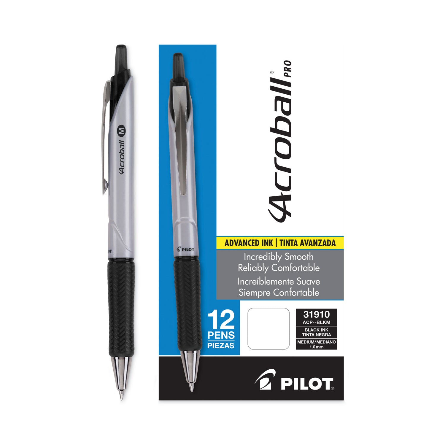 Pilot Hybrid Ink Ballpoint Pen - 1 mm Medium Pen Point - Refillable - Retractable - Black Ink - Advanced Ink - Silver Barrel - Tungsten Carbide Tip - 1 Dozen