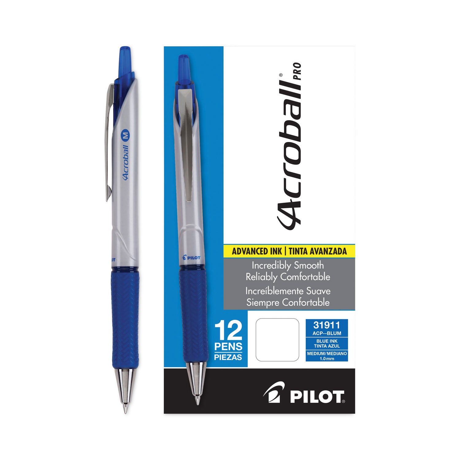 Pilot Hybrid Ink Ballpoint Pen - 1 mm Medium Pen Point - Refillable - Retractable - Blue Ink - Advanced Ink - Silver Barrel - Tungsten Carbide Tip - 1 Dozen