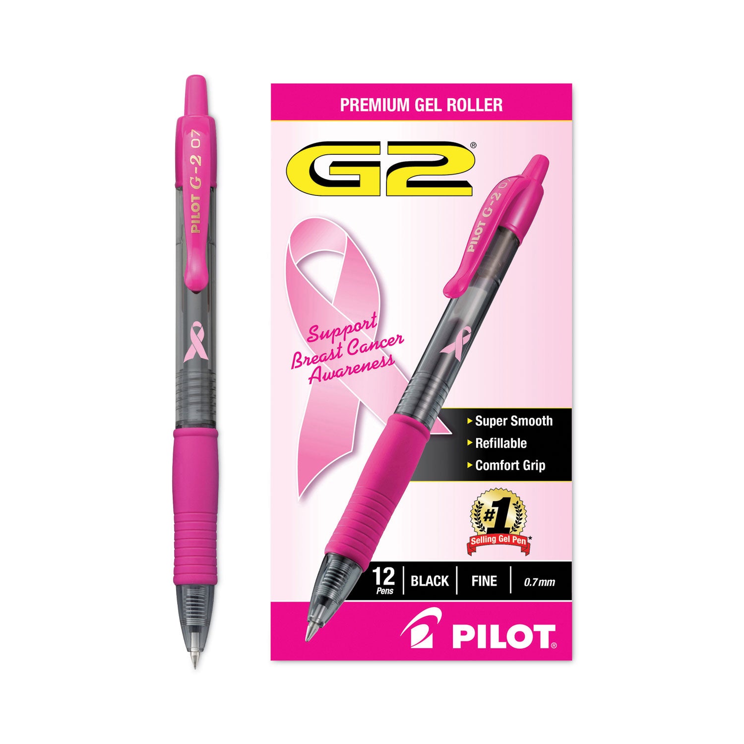 G2 Gel Rollingball Pens - 0.7 mm Fine Pen Point - Refillable - Retractable - Black Ink - Gel-based - Pink Barrel - 1 Dozen