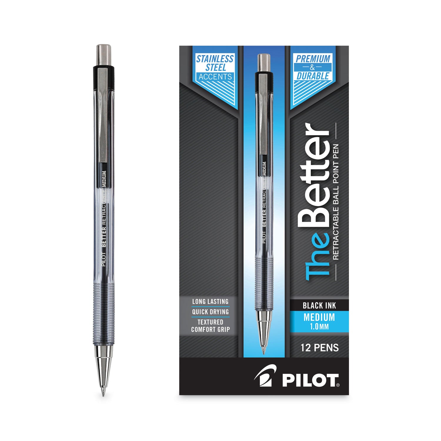 Pilot Better Retractable Ballpoint Pens - 0.7 mm Pen Point - Refillable - Retractable - Black Ink - Translucent Barrel - 1 Dozen
