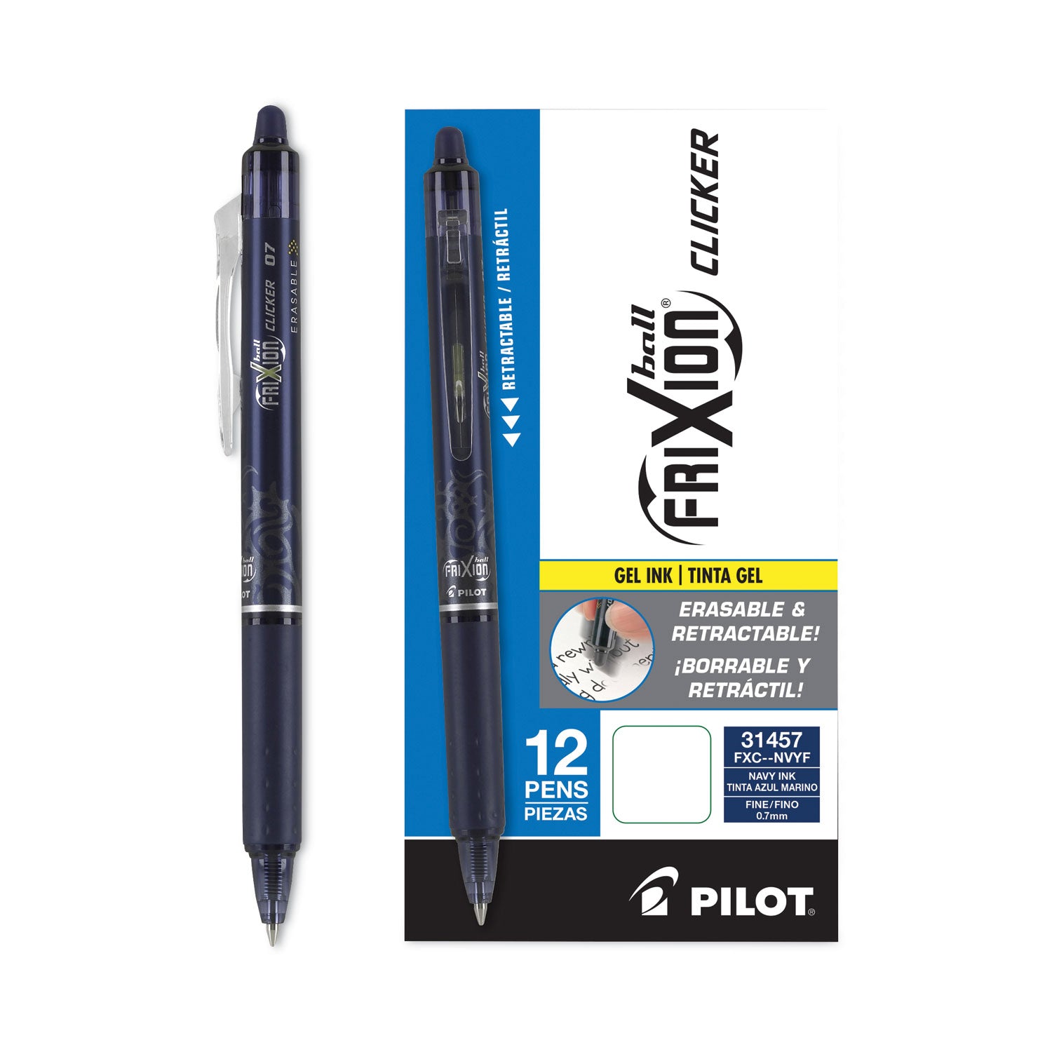 FriXion Gel Pens - 0.7 mm Fine Pen Point - Refillable - Retractable - Erasable - Navy Blue Ink - Gel-based - Navy Blue Barrel - Document, Writing - 1 Dozen